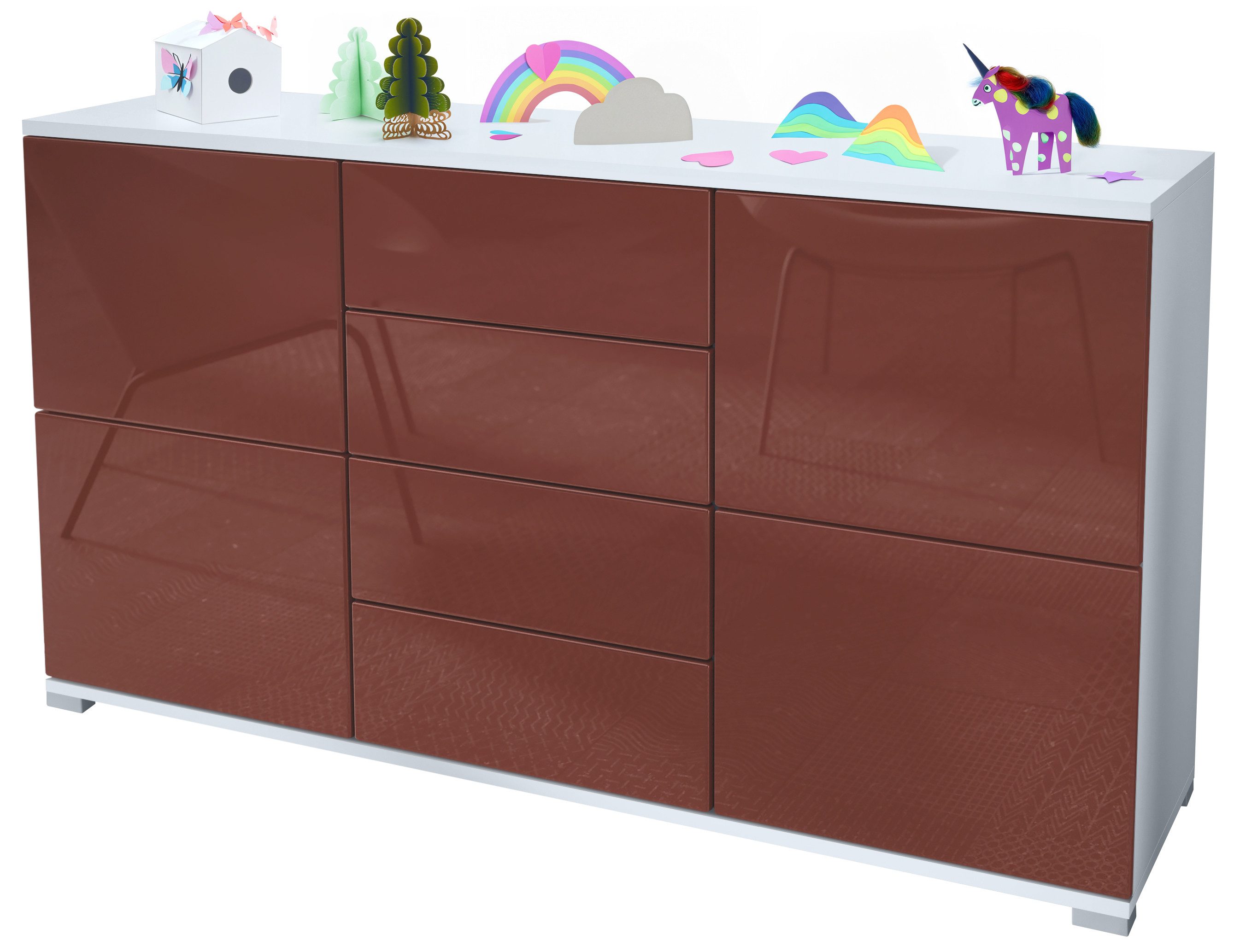 Vladon Sideboard Rova V1 (Kommode mit 4 Türen, 4 Schubladen, Made in Germany), Weiß matt/Bordeaux Hochglanz (138,5 x 75,5 x 35)