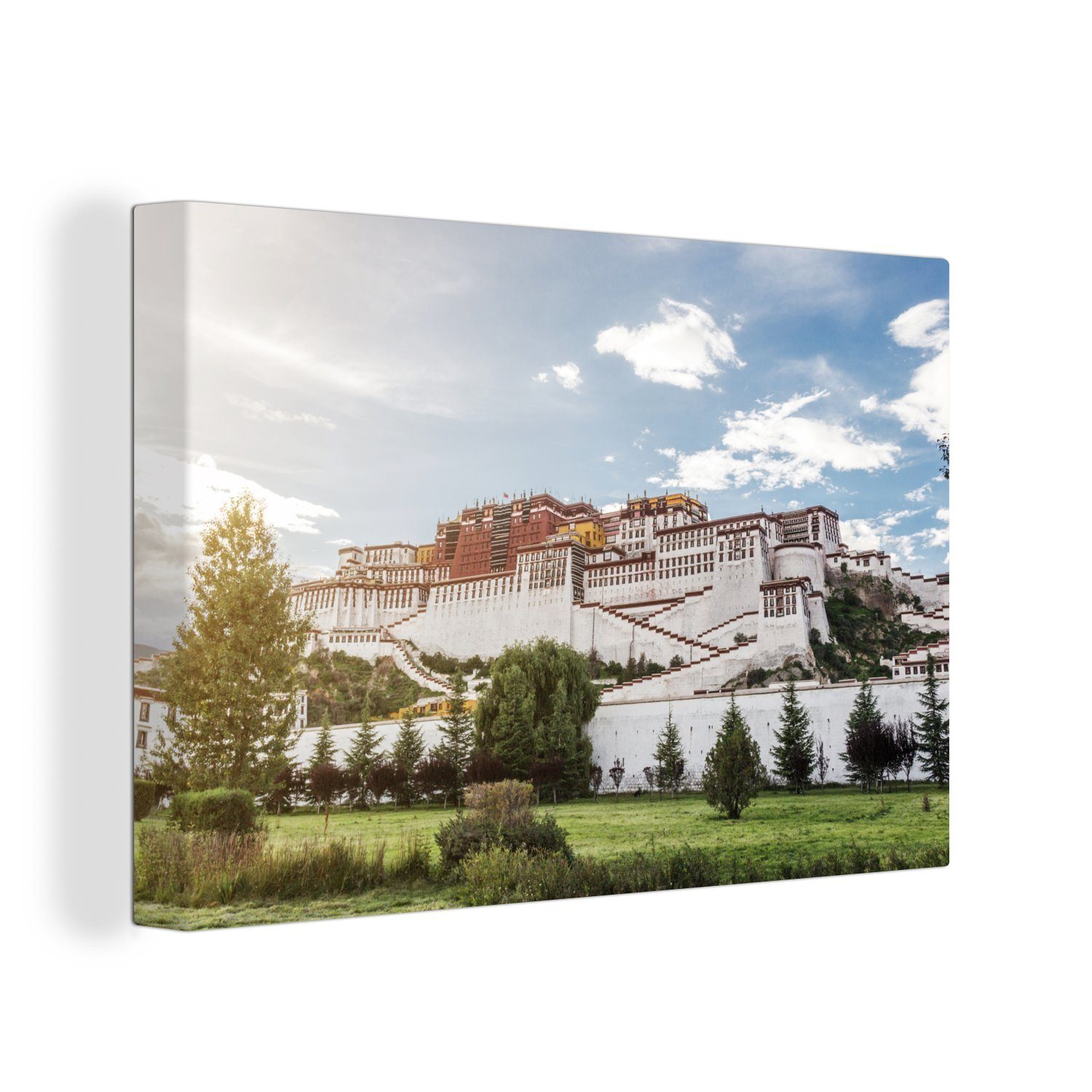 Leinwandbild Leinwandbilder, in Wandbild Potala-Palastes Wanddeko, des 30x20 Tibet, cm OneMillionCanvasses® Sonnenstrahlen St), entlang (1 Aufhängefertig,
