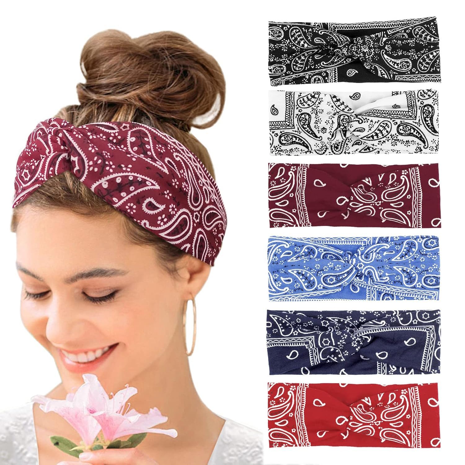 Zaewry Haargummi Haarbänder Damen Sommer Boho Stirnband Print Haarschmuck, 6-tlg.