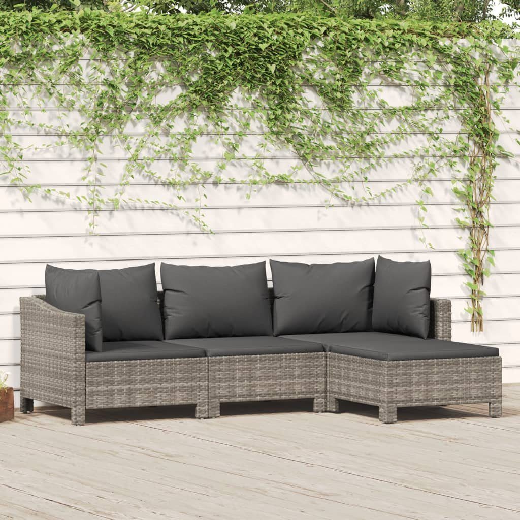 vidaXL Gartenlounge-Set 4-tlg. Garten-Lounge-Set mit Kissen Grau Poly Rattan, (1-tlg)