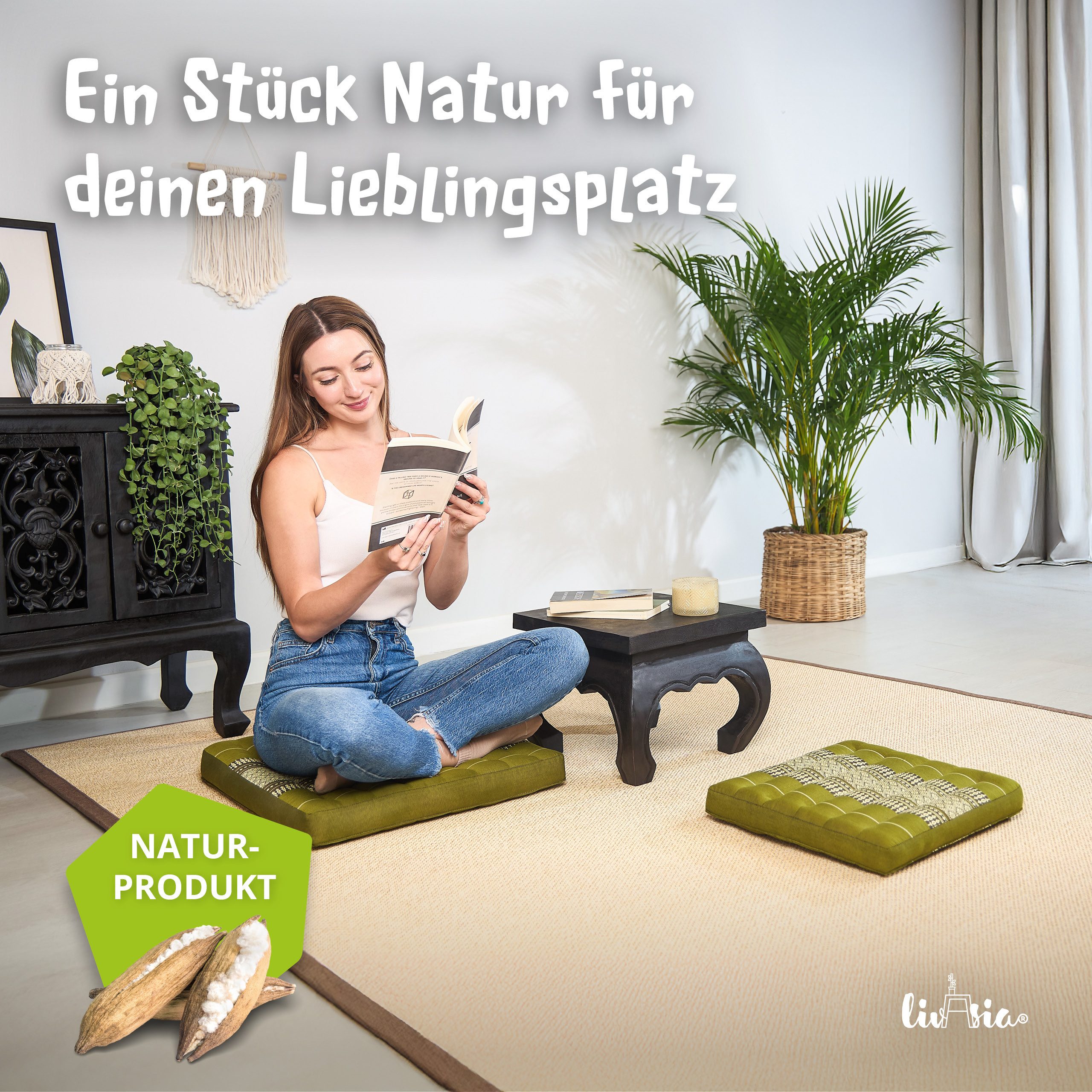 livasia Sitzkissen Sitzkissen 35 cm, vegan und handgefertigt, 35x35x6cm, Kapok