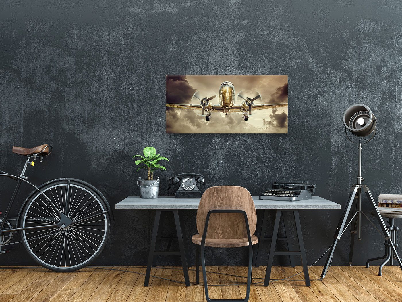 Levandeo® Leinwandbild, Leinwand Flugzeug XXL 115x55cm Wandbild Bild Kunstdruck Retro
