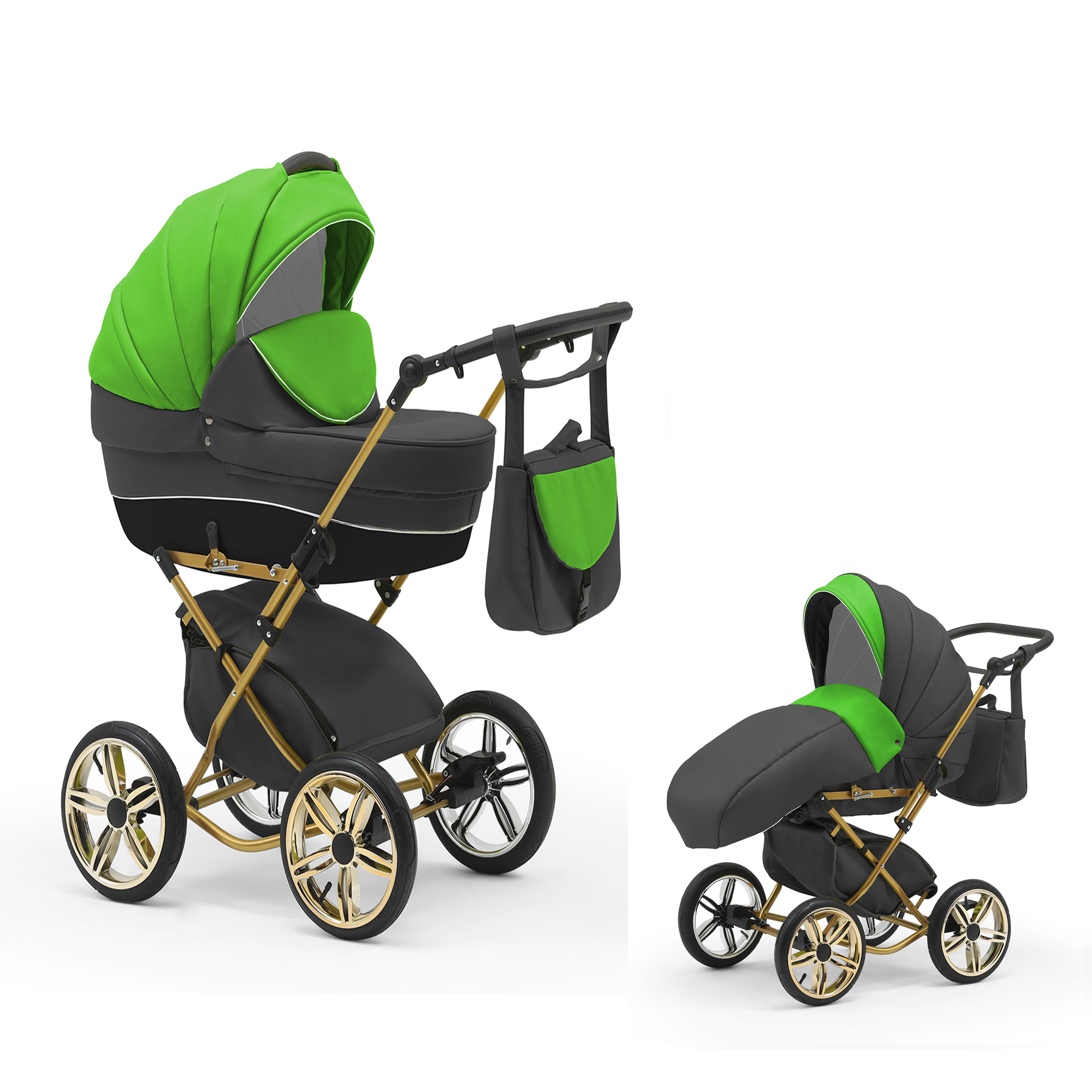 babies-on-wheels Kombi-Kinderwagen Sorento 2 in 1 - 11 Teile - von Geburt bis 4 Jahre in 30 Designs Grün-Grau-Schwarz