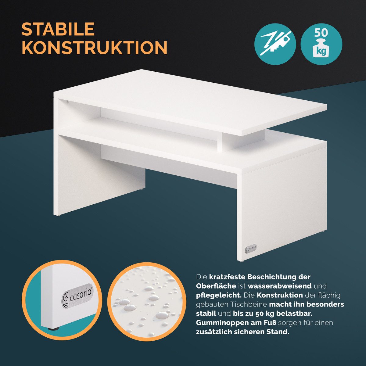 Casaria Couchtisch Sacramento, Holz Weiß mit Stauraum 95x55x50cm 2 Ablagen Matt Modern Eckig