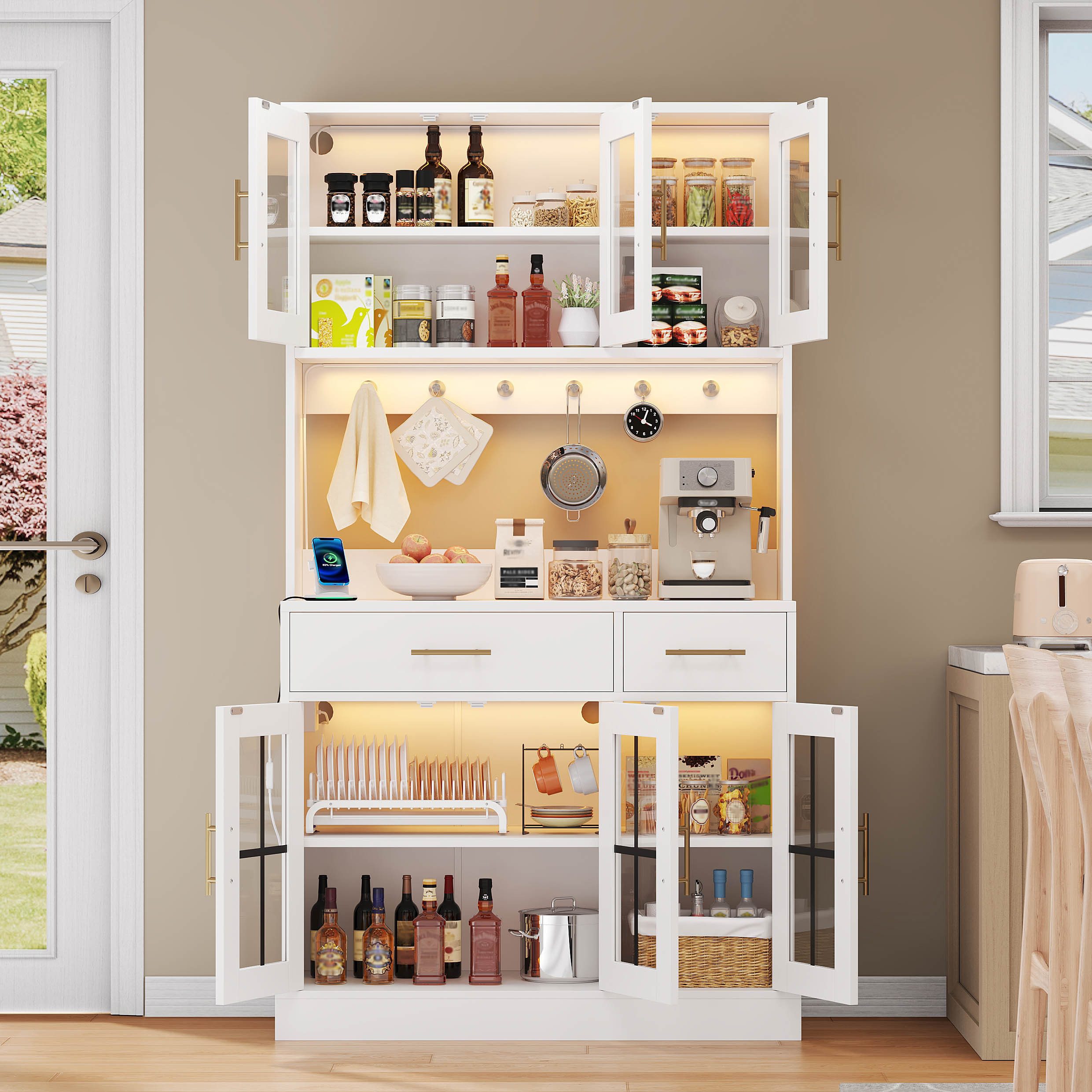 Ulife Küchenbuffet Küchen-Anrichte mit LED und Steckdose, 6 Türen, 2 Schubladen (1-St) Landhausstil, verstellbare Böden, goldene Griffe, weiß 180×100 cm