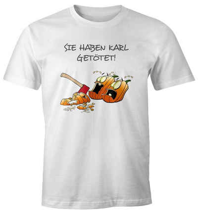 MoonWorks Print-Shirt Herren T-Shirt mit Spruch Motiv lustig sprechende Kürbisse Sie haben Karl getötet! Fun-Shirt Moonworks® mit Print