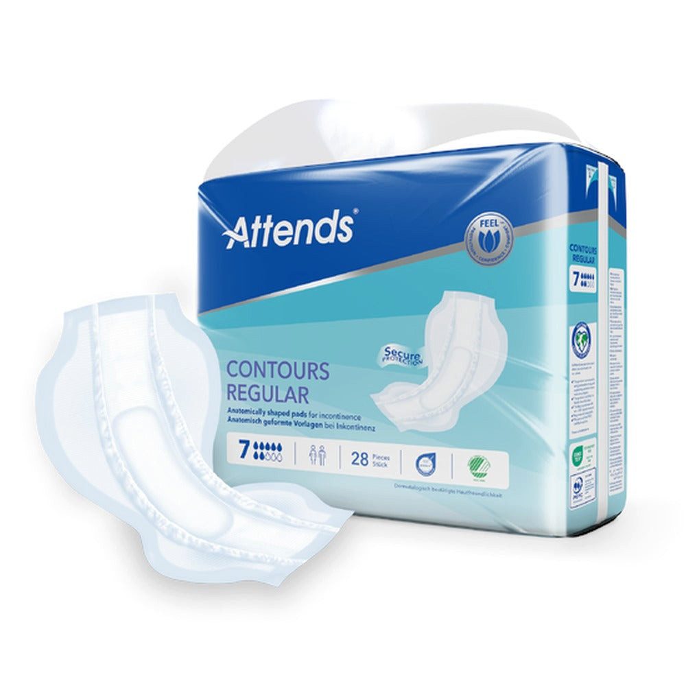 Attends GmbH Inkontinenz-Einlage Attends Contours Regular 7, 7 von 10, 28-St., Saugstärke 7/10, 58 x 17,5 cm, Nässeindikator, für Fixierhose