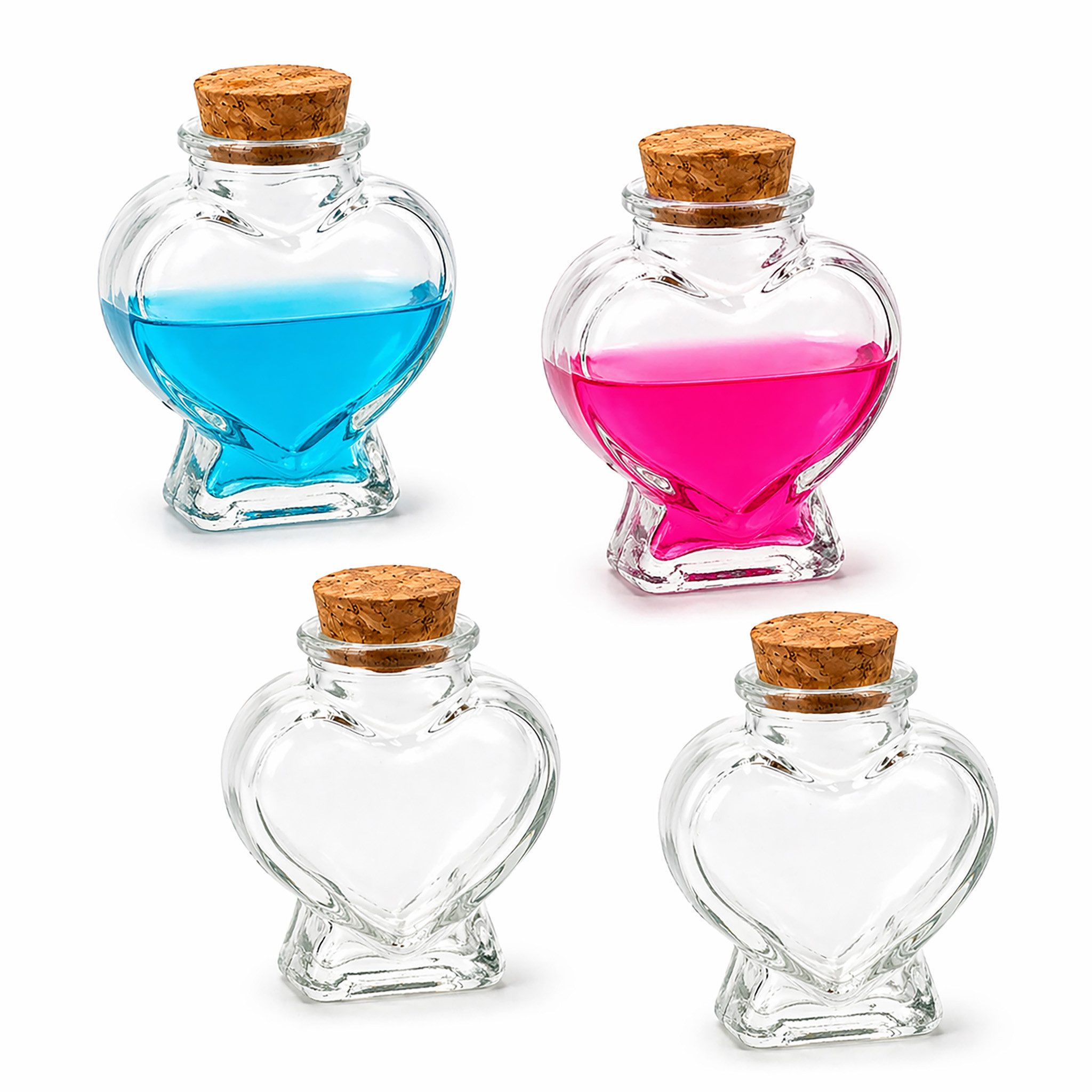 Creativery Deko-Glas, Glasflaschen mit Korken Herz Form 8cm klar transparent 70ml, 4er Set