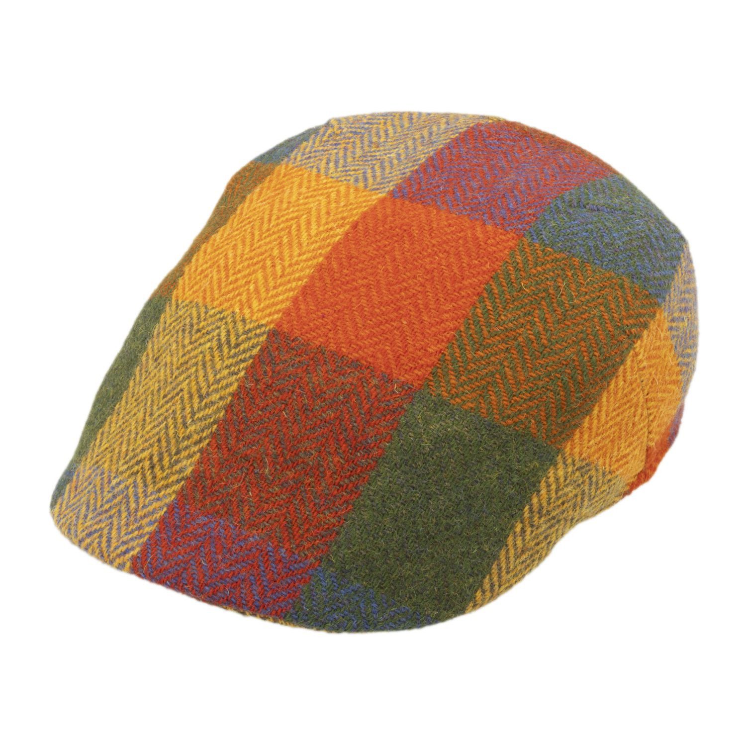 Fiebig Schiebermütze Flatcap Harris Tweed mehrfarbig Karo Fischgrät mit Baumwollfutter