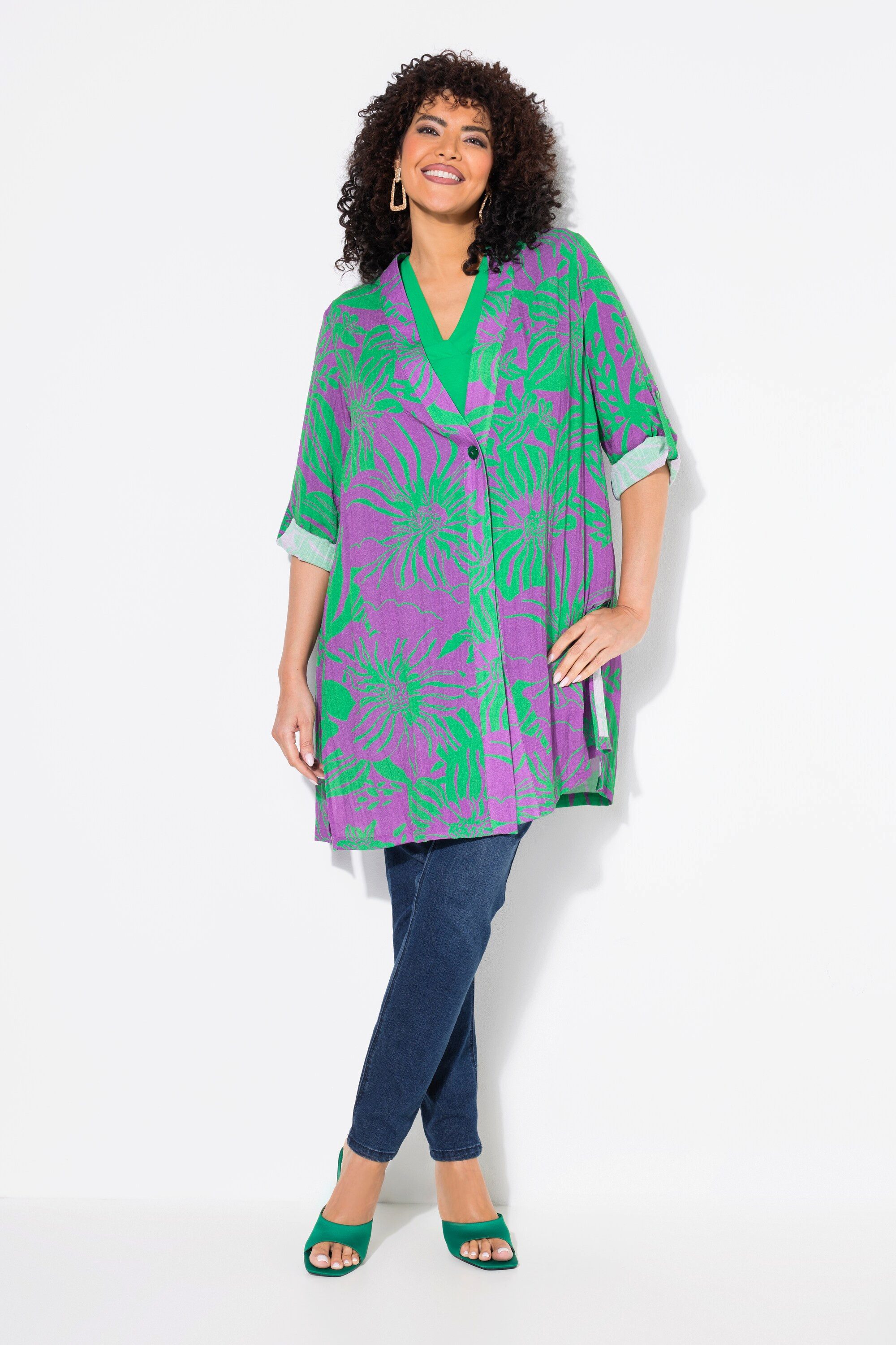 Ulla Popken Sommerjacke Blusenjacke Blüten V-Ausschnitt günstig online kaufen