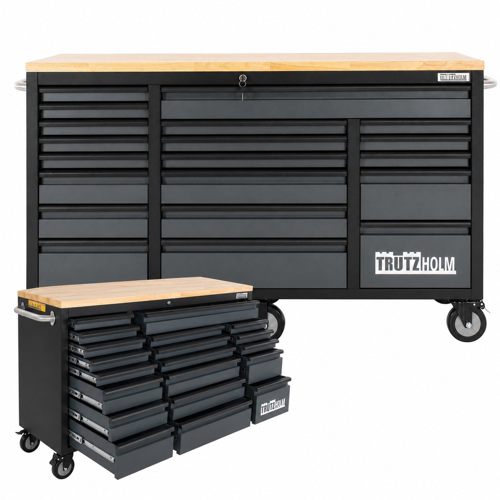 TRUTZHOLM Werkstattwagen Deluxe XXL Anthrazit unbestückt 160 x 91 cm 20 Schubladen Werkbank, 20 Schubladen, Anthrazit, 6 schwenkbare Rollen, 4 Rollen mit Feststellbremse, pulverbeschichteter Stahl, Hartholz Arbeitsplatte, max. Traglast:750 kg, (Artikel, 1-tlg)