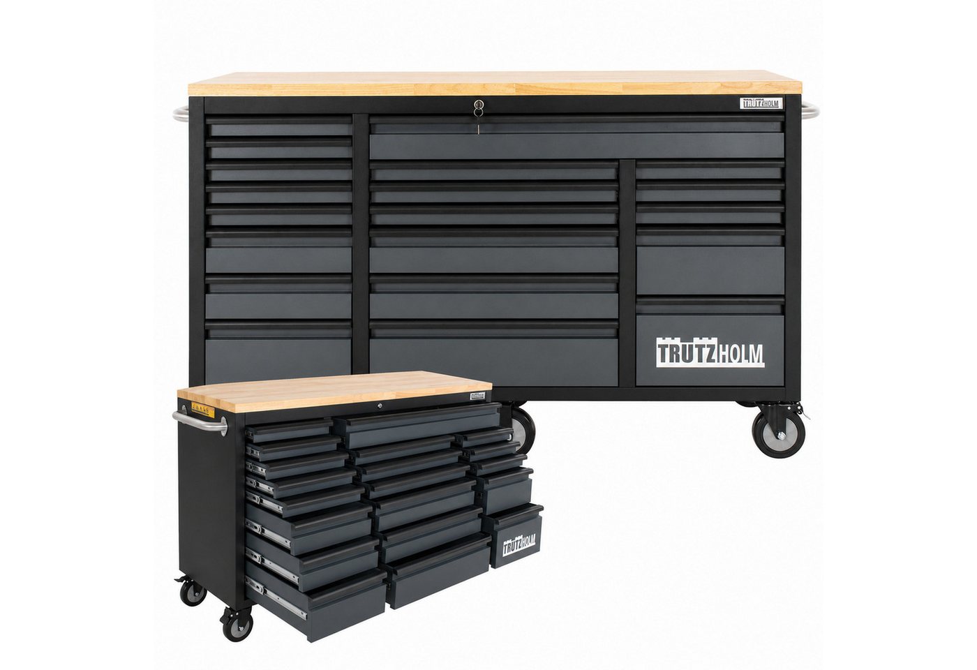 TRUTZHOLM Werkstattwagen Deluxe XXL Anthrazit unbestückt 160 x 91 cm 20 Schubladen Werkbank, 20 Schubladen, Anthrazit, 6 schwenkbare Rollen, 4 Rollen mit Feststellbremse, pulverbeschichteter Stahl, Hartholz Arbeitsplatte, max. Traglast:750 kg, (Artikel, 1