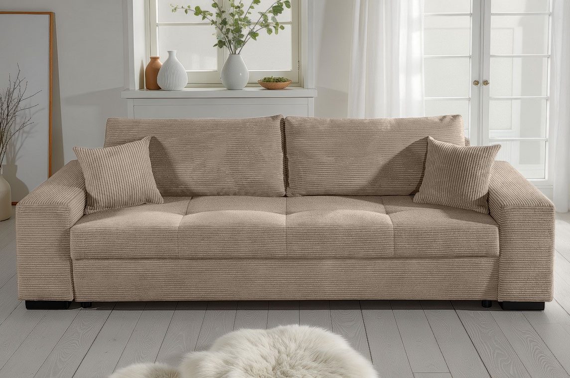COLLECTION AB Schlafsofa Kreta, B: 248 cm, Liegefl. 137x195 cm, Schlaffunktion, Bettkasten & 2 Zierkissen, optional mit Topper