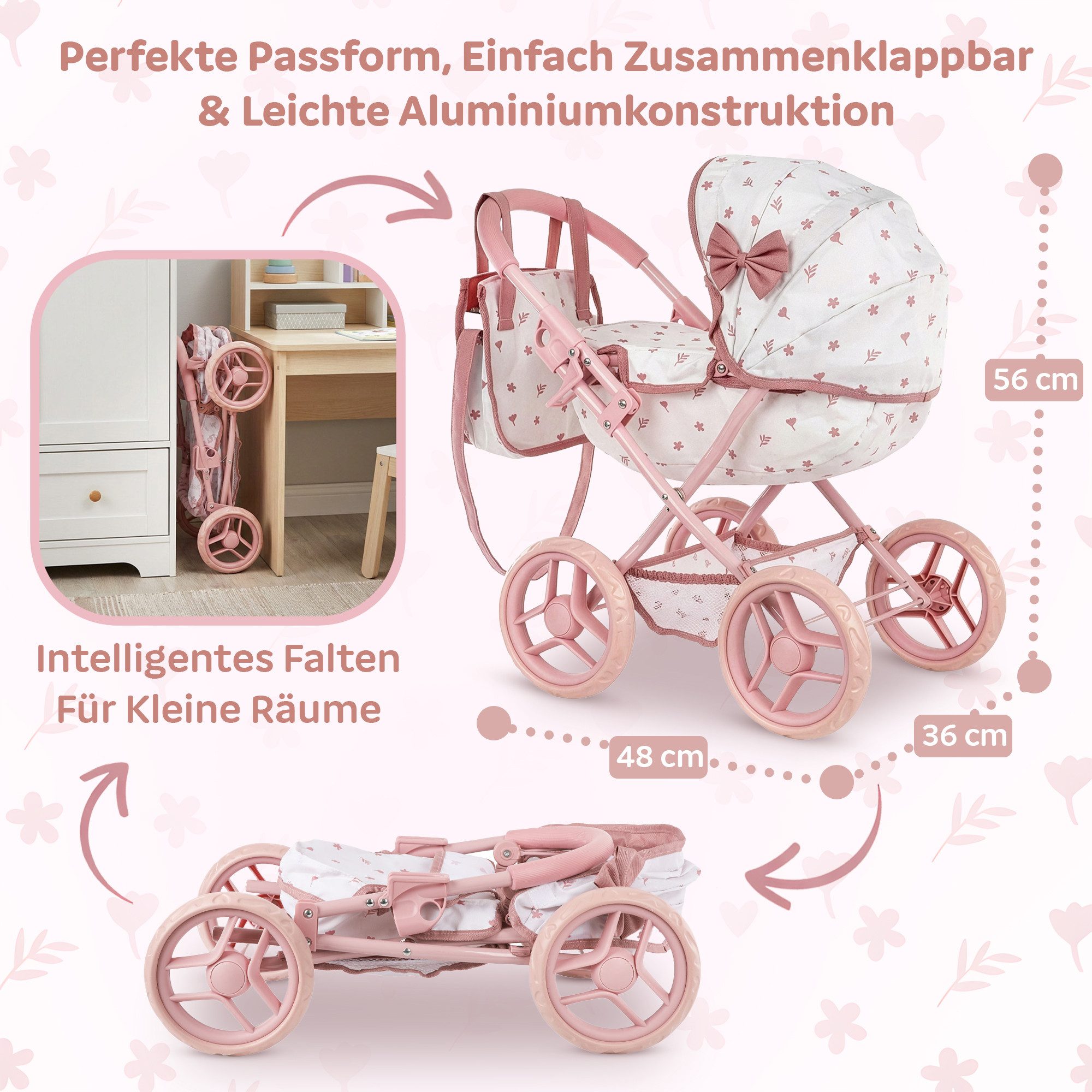 kinderplay Puppenwagen Puppenwagen Gondel mit Tasche – faltbar – leise EVA-Räder