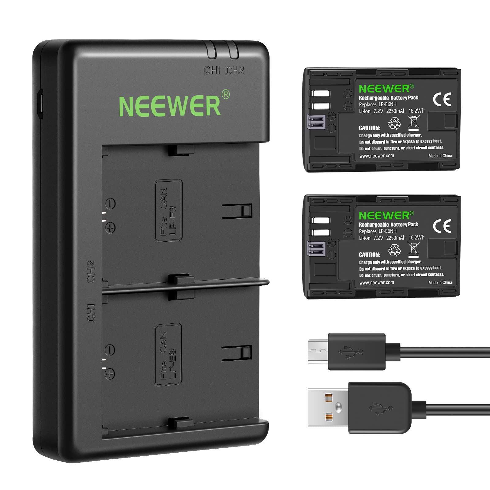 Neewer LP-E6NH Akku+Ladegerät, 2er-Set, kompatibel mit Canon EOS Kamera-Akku D 2250 mAh