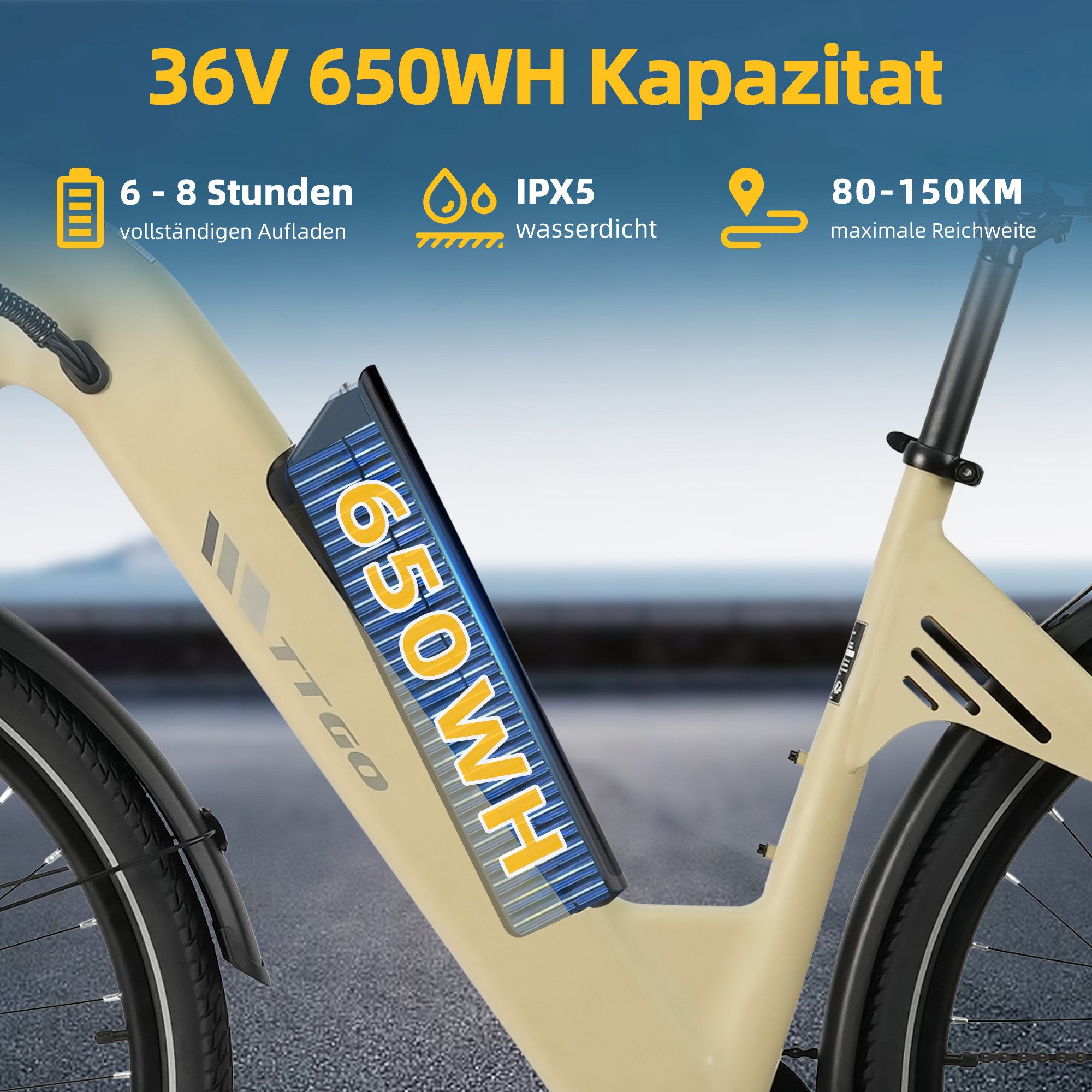 TTGO E-Bike Cityrad 28 Zoll, 55Nm, 650Wh, 150km, Elektrofahrrad für Damen und Herren, 7 Gang Shimano, Kettenschaltung, Heckmotor, 650 Wh, (Alu-Pedale, max. Bela – Bild 5 von 5