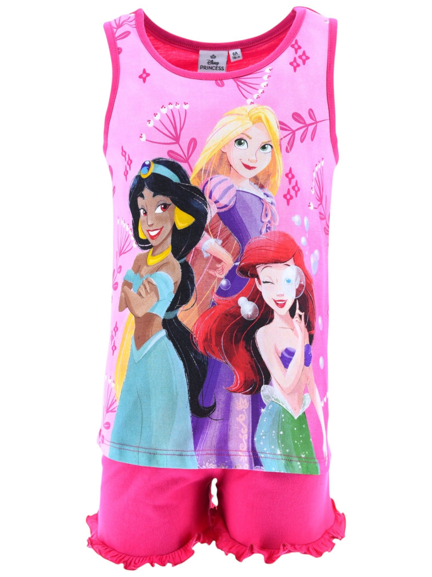 Disney Princess Schlafanzug Jasmine, Rapunzel & Arielle (2 tlg) Pyjama Set kurz - Mädchen Shorty mit Rüschendetails Gr. 98-128 cm
