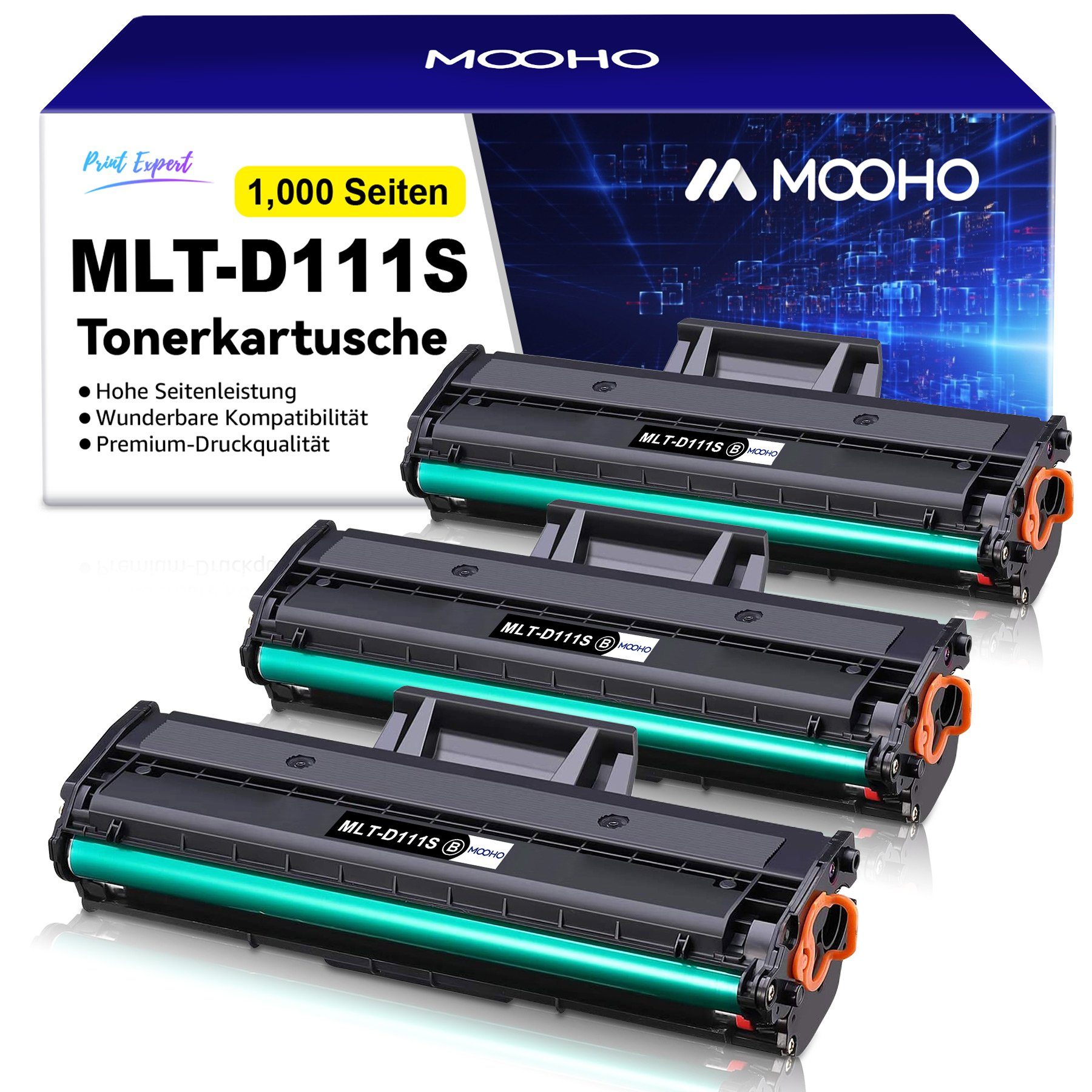 MOOHO Tonerkartusche Ersatz für SAMSUNG MLT-D111S D111L 111S, (1000 Seiten pro Toner 111S; 1800 Seiten pro Toner 111L, 3-St), samsung xpress m2070w m2070 toner XL Schwarz (1,000 *3 Seiten)