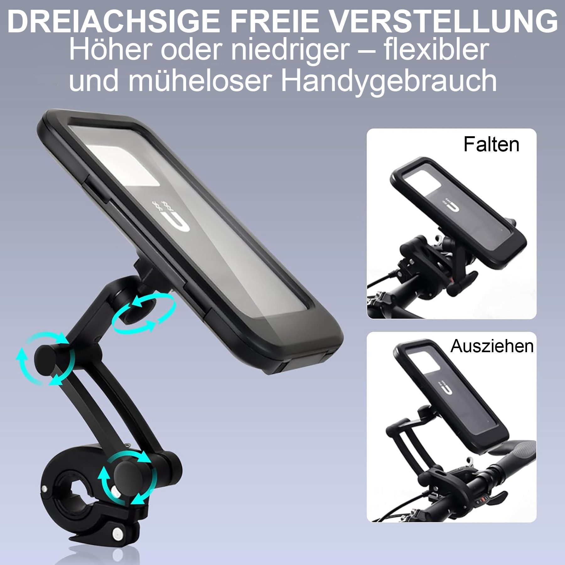 Mutig Handy-Halterung wasserdichte Motorrad Telefon Halterung Fahrrad Telefonhalterung, (bis 7 Zoll, 360 ° drehbare Rollerhalterung mit 3-Achsen und Kugelkopf, Universal-Lenkerinstallation, empfindlicher Touchscreen, Universal Fahrrad Handyhalterung für 4,7"-6,9" Smartphones)