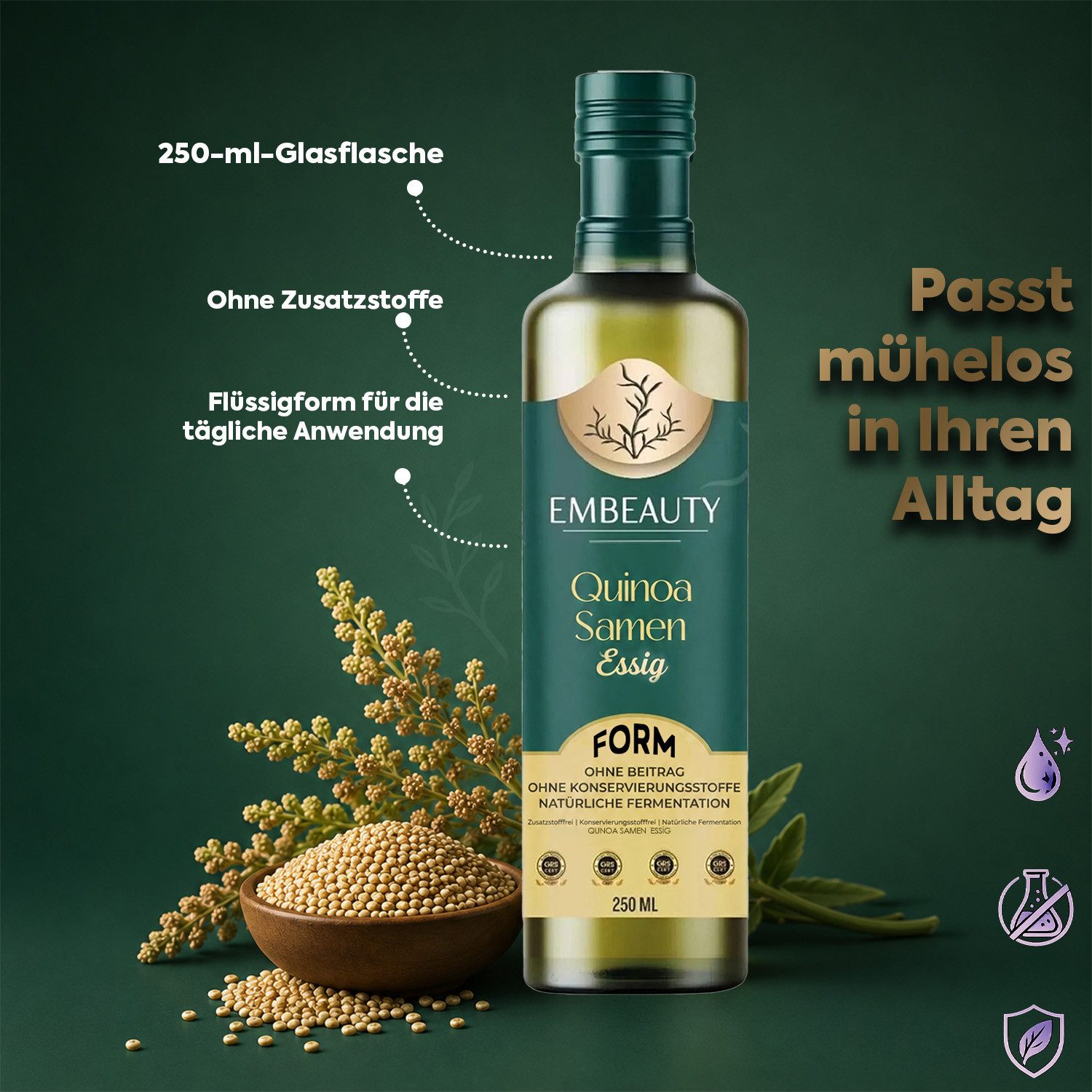 EMBEAUTY Essig Quinoa-Samen-Essig – Natürlich fermentiert & ohne Zusatzstoffe 250 ml, 250 ml, Praktische Anwendung für einen bewussten Lebensstil