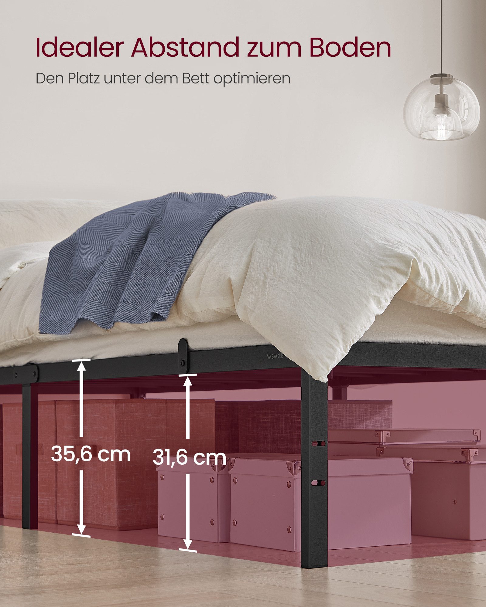 VASAGLE Bettgestell Doppelbettgestell Metallbett (90 x 200 cm, 35.6 cm H, geräuscharm), 90 x 200 cm, einfacher Aufbau, modern, Bett, Bettrahmen, Gästebett – Bild 5 von 5