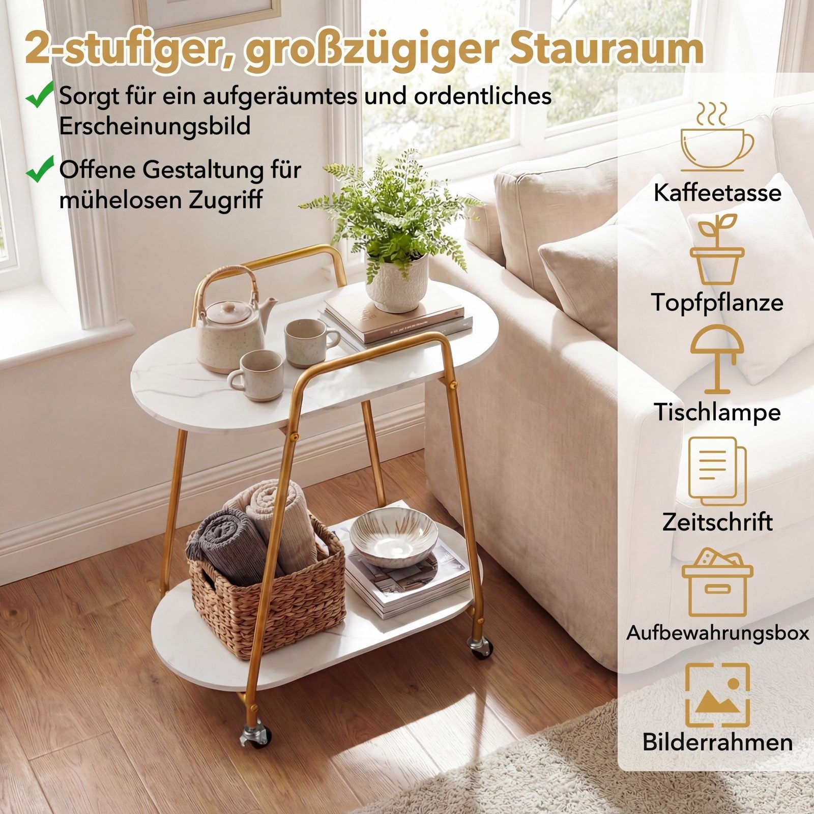 COSTWAY Beistelltisch, Nachttisch mit Rollen, Couchtisch für Küche