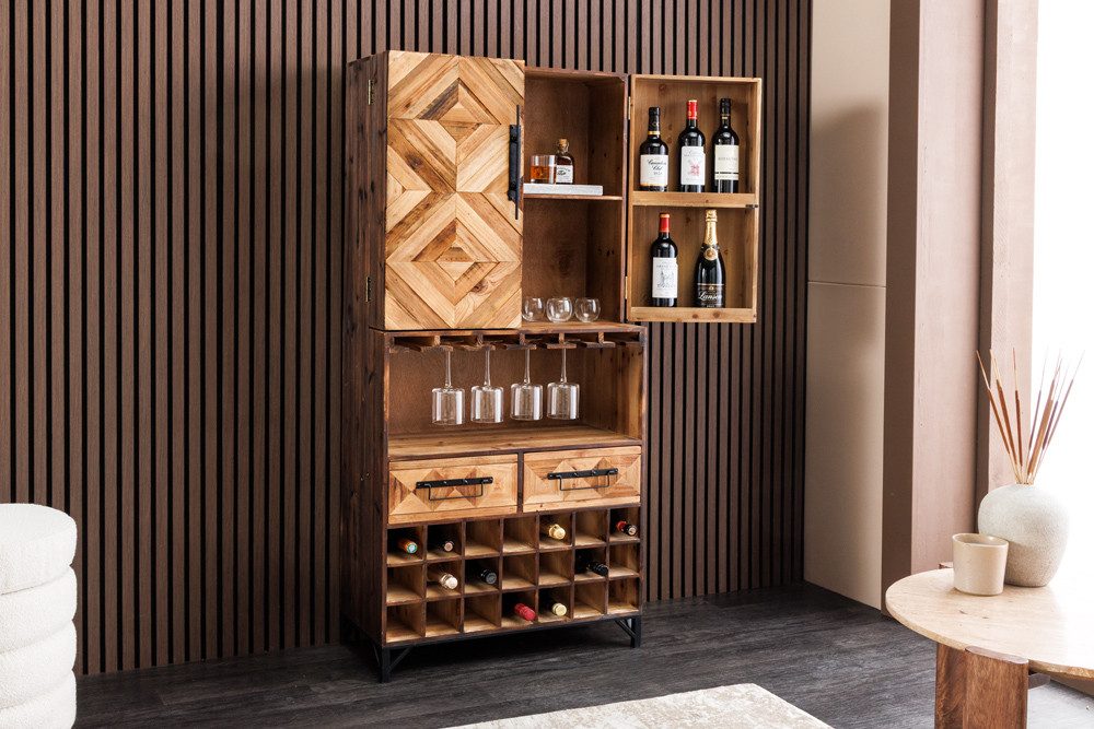 riess-ambiente Barschrank BODEGA 160cm natur - Pinienholz, Glashalter, Schubladen, handgefertigt (Einzelartikel, 1-St) Design Weinregal - ideal zur Unterbringung von Flaschen und Gläsern