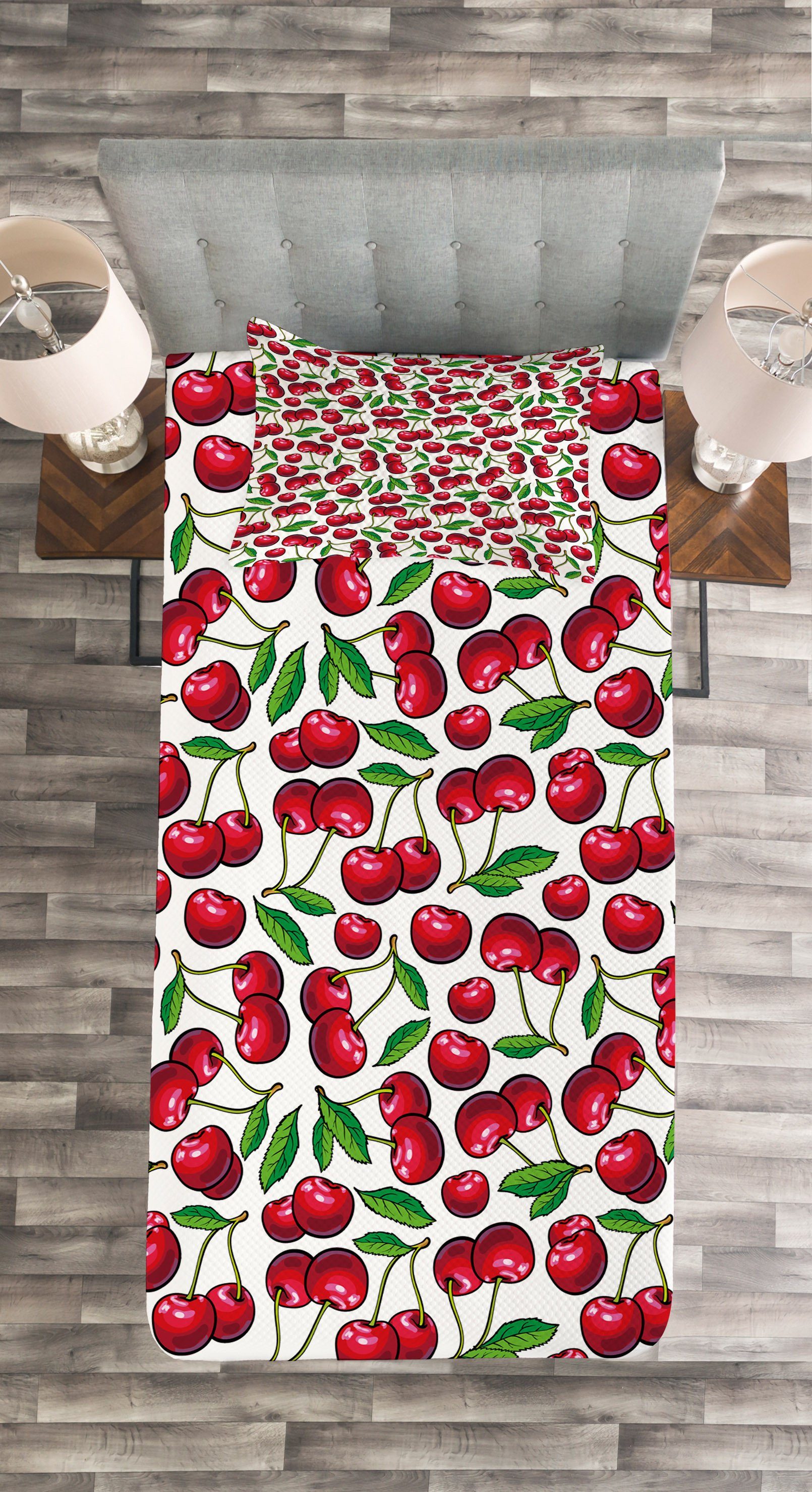 Sommer-Frucht-Kunst mit Kissenbezügen Cartoon Kirsche Tagesdecke Waschbar, Set Abakuhaus,