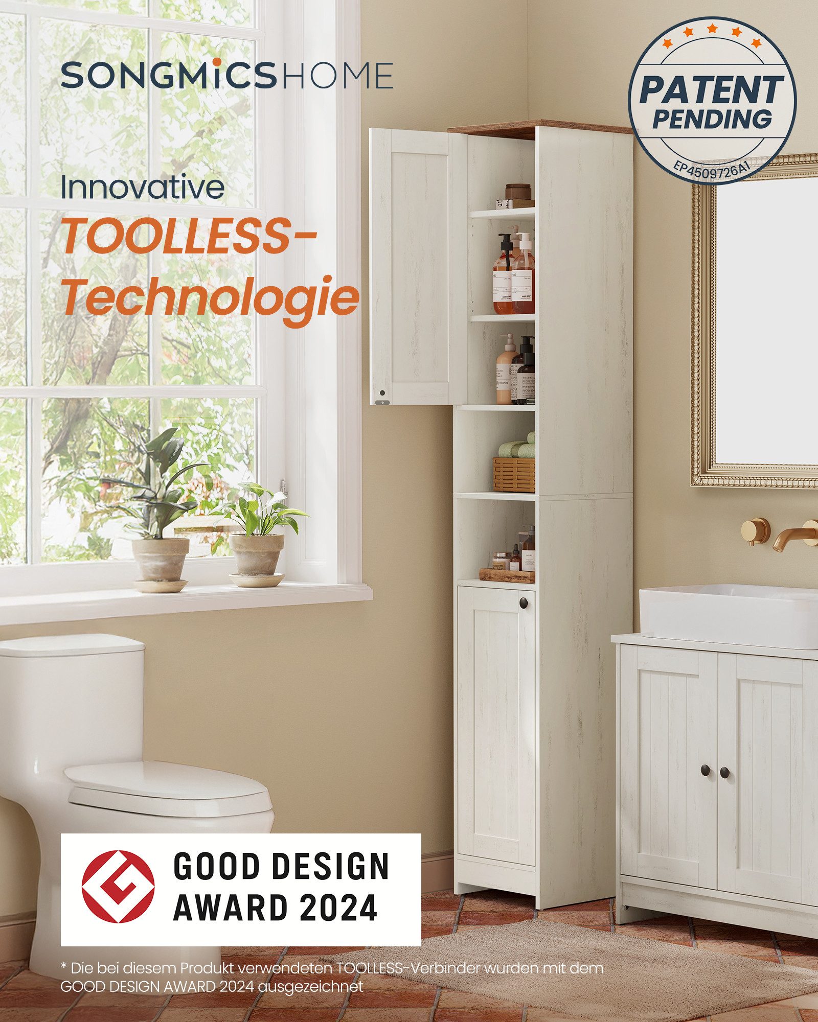 SONGMICS HOME Badkommode Badezimmerschrank Badschrank schmal, verstellbare Ablagen, Toolless-Technologie, superschnelle werkzeuglose Montage – Bild 2 von 5