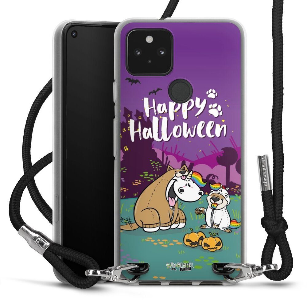 DeinDesign Handyhülle Pummeleinhorn Bisu Happy Halloween, Google Pixel 5 Handykette Hülle mit Band Case zum Umhängen