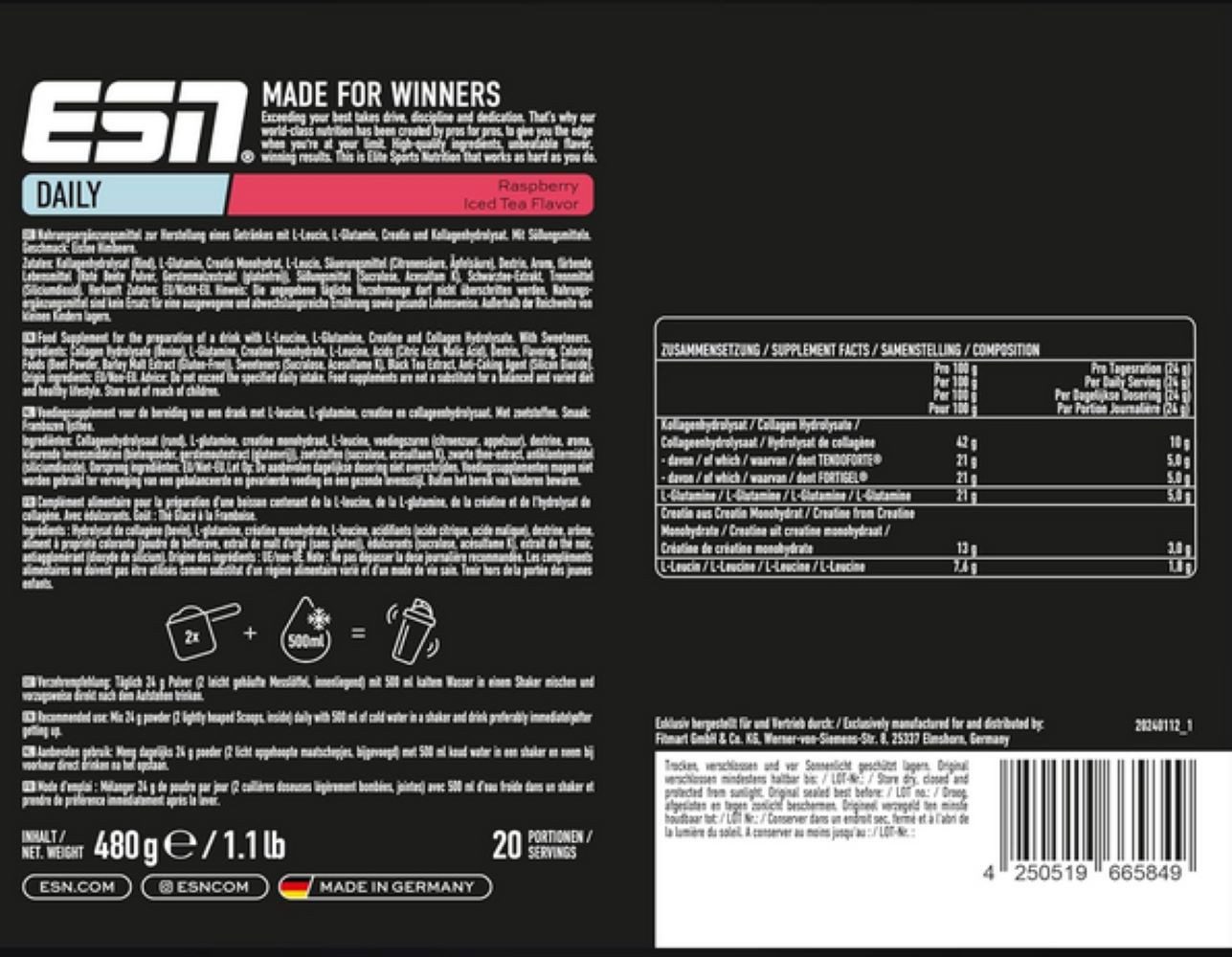 ESN ESN Daily 480g mit Kollagenhydrolysa L-Glutamin, Creatin Monohydrat Pulver, All-in-One-Drink für die Performance