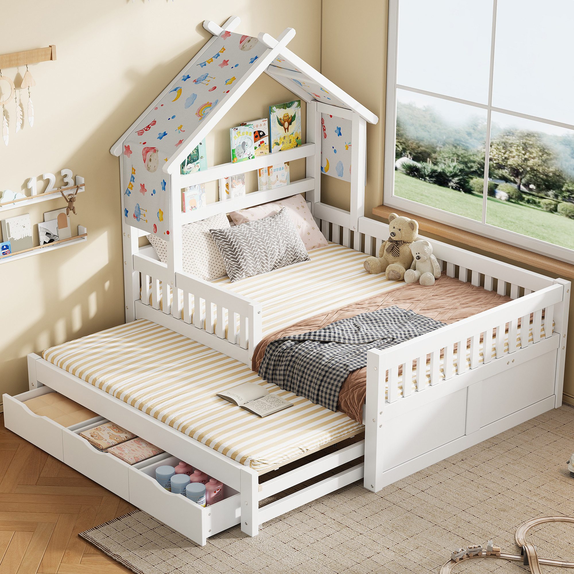Holzbett Jugendbett Einzelbett 140x200 mit schlaffunktion & Ausziehbett