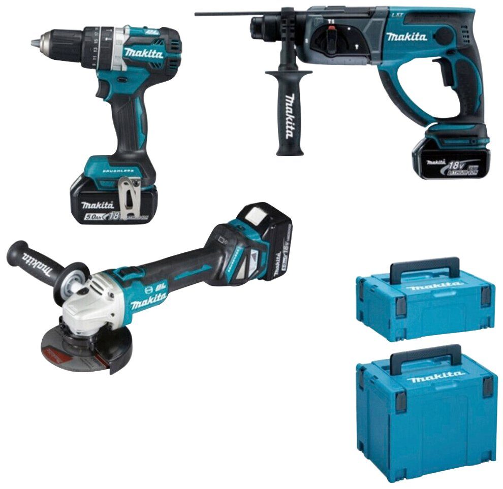 Makita Elektrowerkzeug-Set, Komplett-Set, 3-tlg., Set bestehend aus  Schlagbohrhammer, Winkelschleifer, Bohrhammer, Ladegerät, 3 x 18V Akkus,  Transportkoffern und weiterem Zubehör online kaufen | OTTO