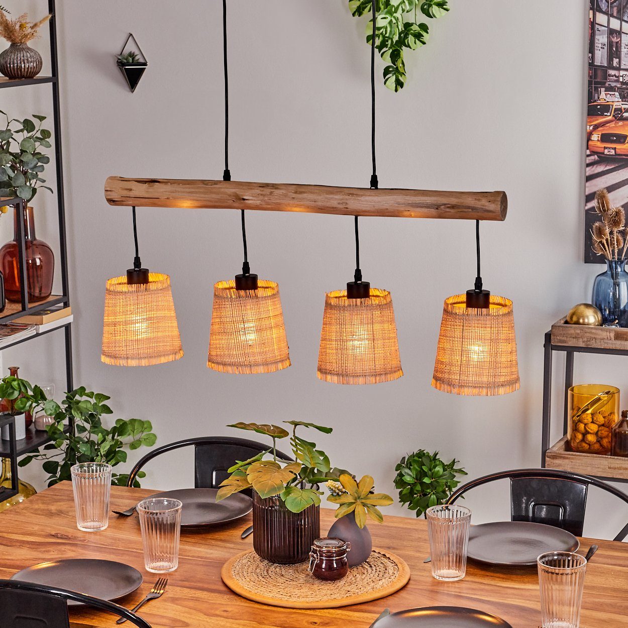 hofstein Pendelleuchte moderne Hängelampe aus Holz/Metall/Bast günstig online kaufen
