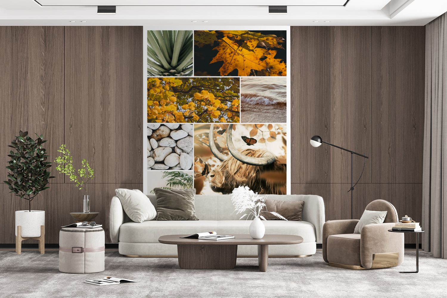 St), Wohnzimmer, (3 - Vinyl Collage Fototapete Tapete Matt, bedruckt, Pflanzen, - für Schottische Highlander MuchoWow Montagefertig Wandtapete Meer -