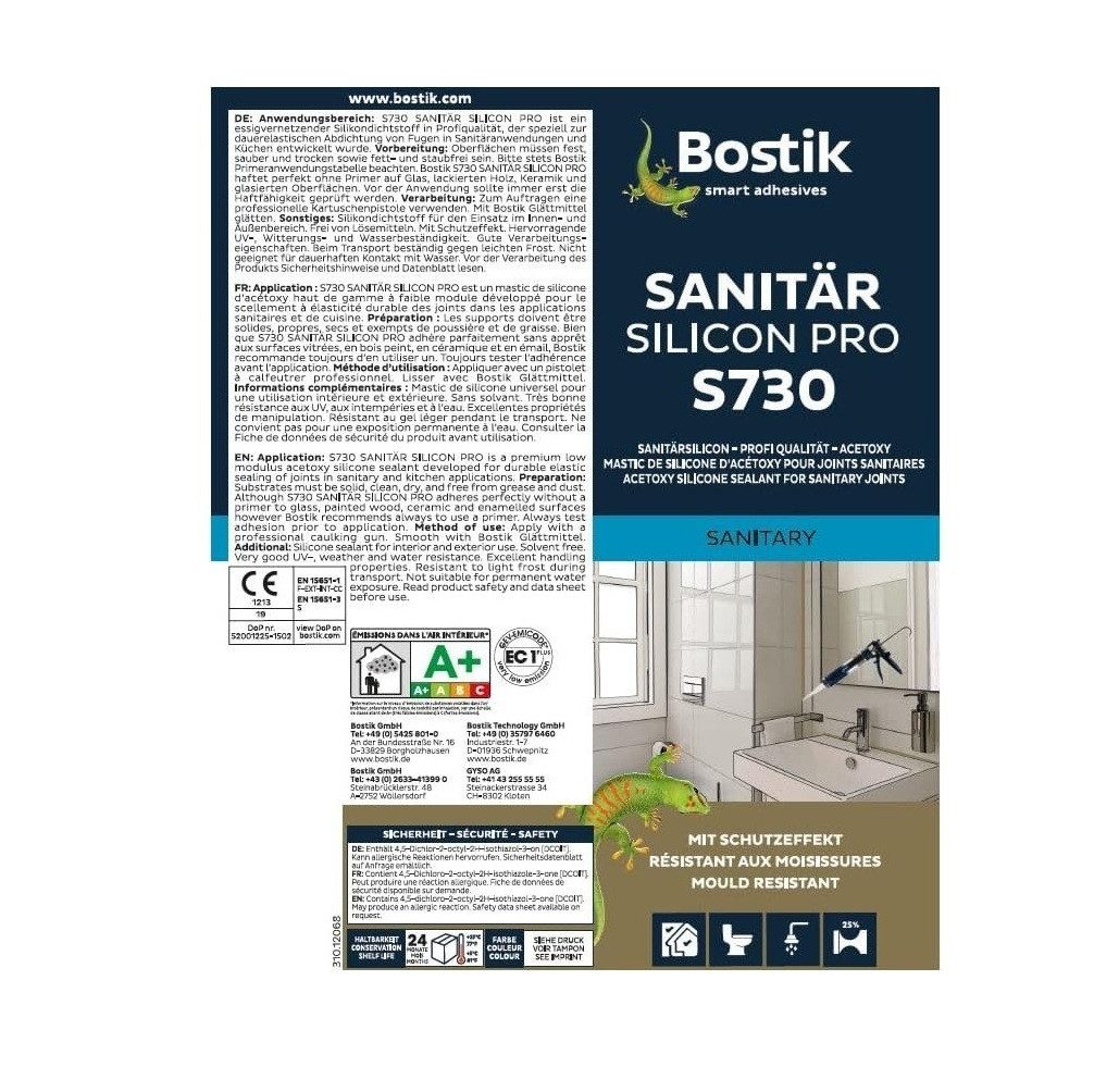 BOSTIK Dichtstoff Bostik S730 Sanitär Silicon Pro Dichtstoff 300ml Kartusche, gebrauchsfertig, für innen und außen