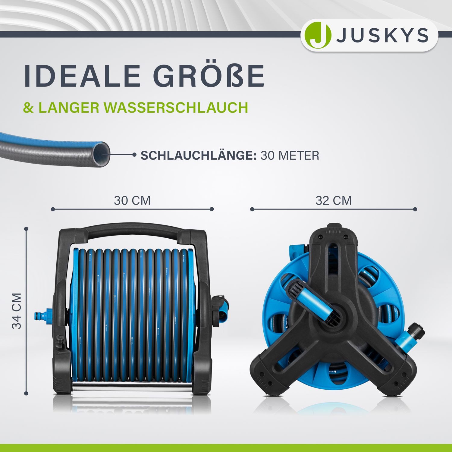Juskys Schlauchtrommel Basic, 30 m, Multifunktionsbrause, 10 Funktionen, diverse Adapter