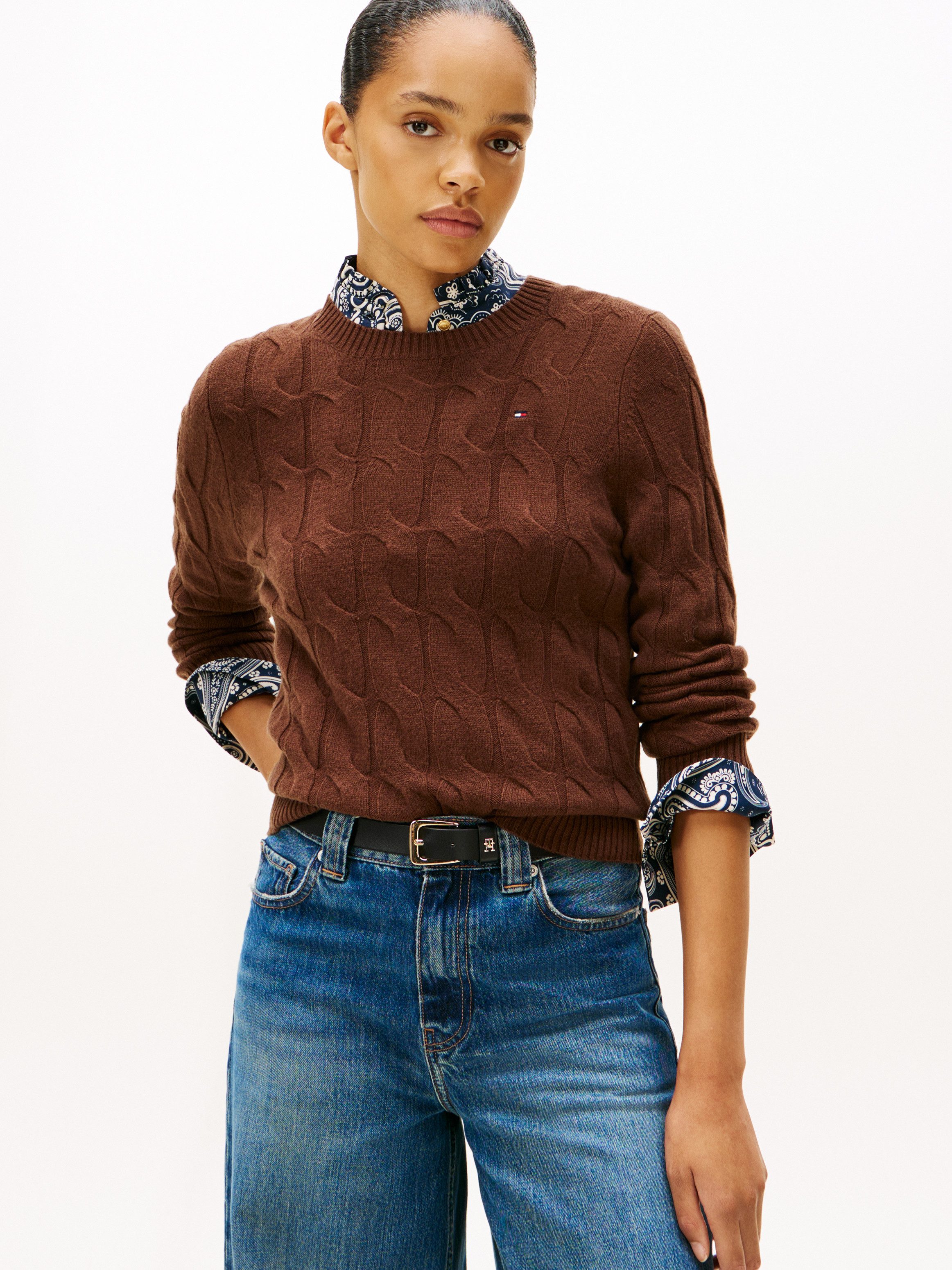 Tommy Hilfiger Strickpullover SOFT WOOL CABLE C-NK mit Zopfmuster, aus reiner Wolle