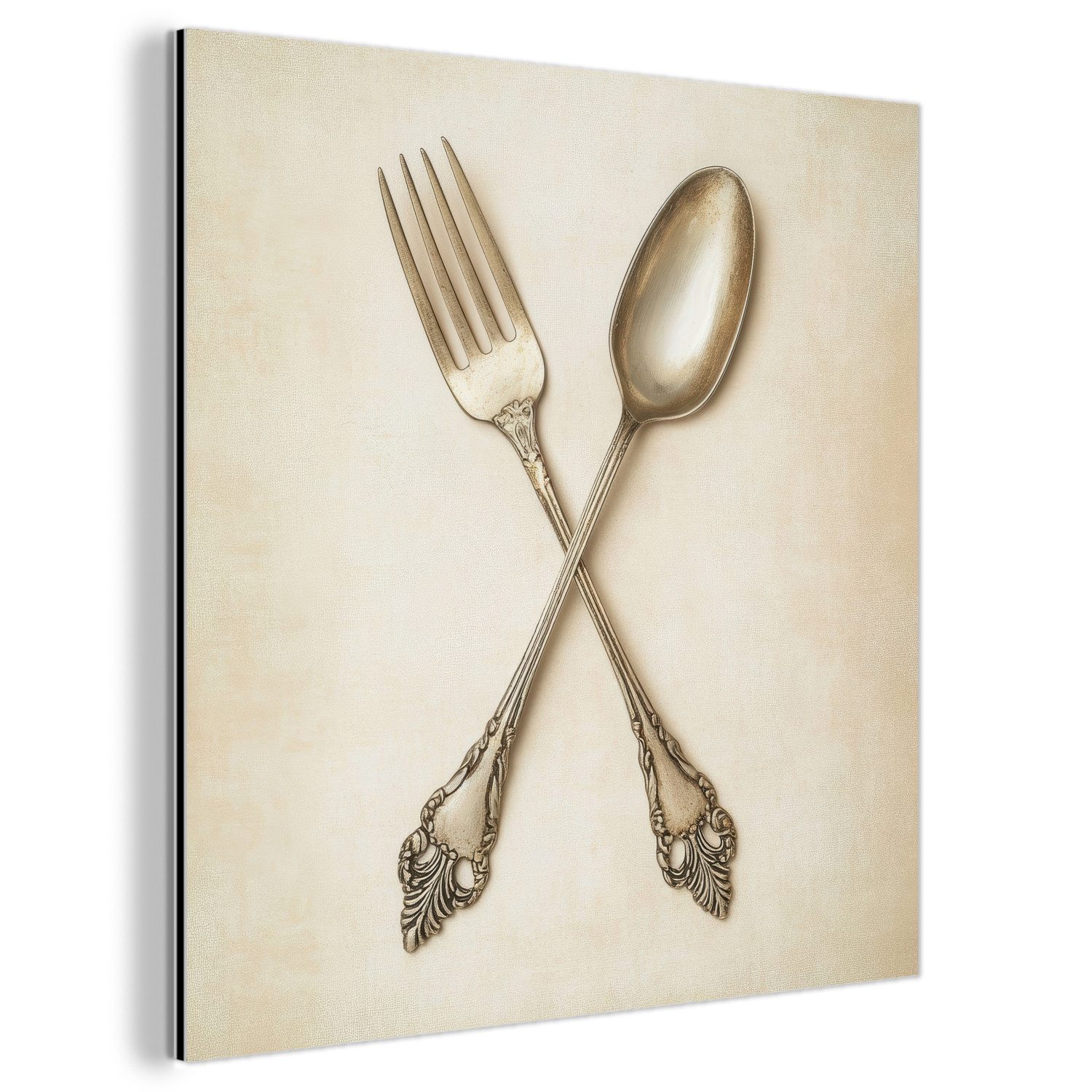 MuchoWow Metallbild Beige - Vintage - Besteck, Inkl. Aufhängung, Alu-Dibond-Druck, Wandbild aus Metall, Aluminium deko, 20x20 cm
