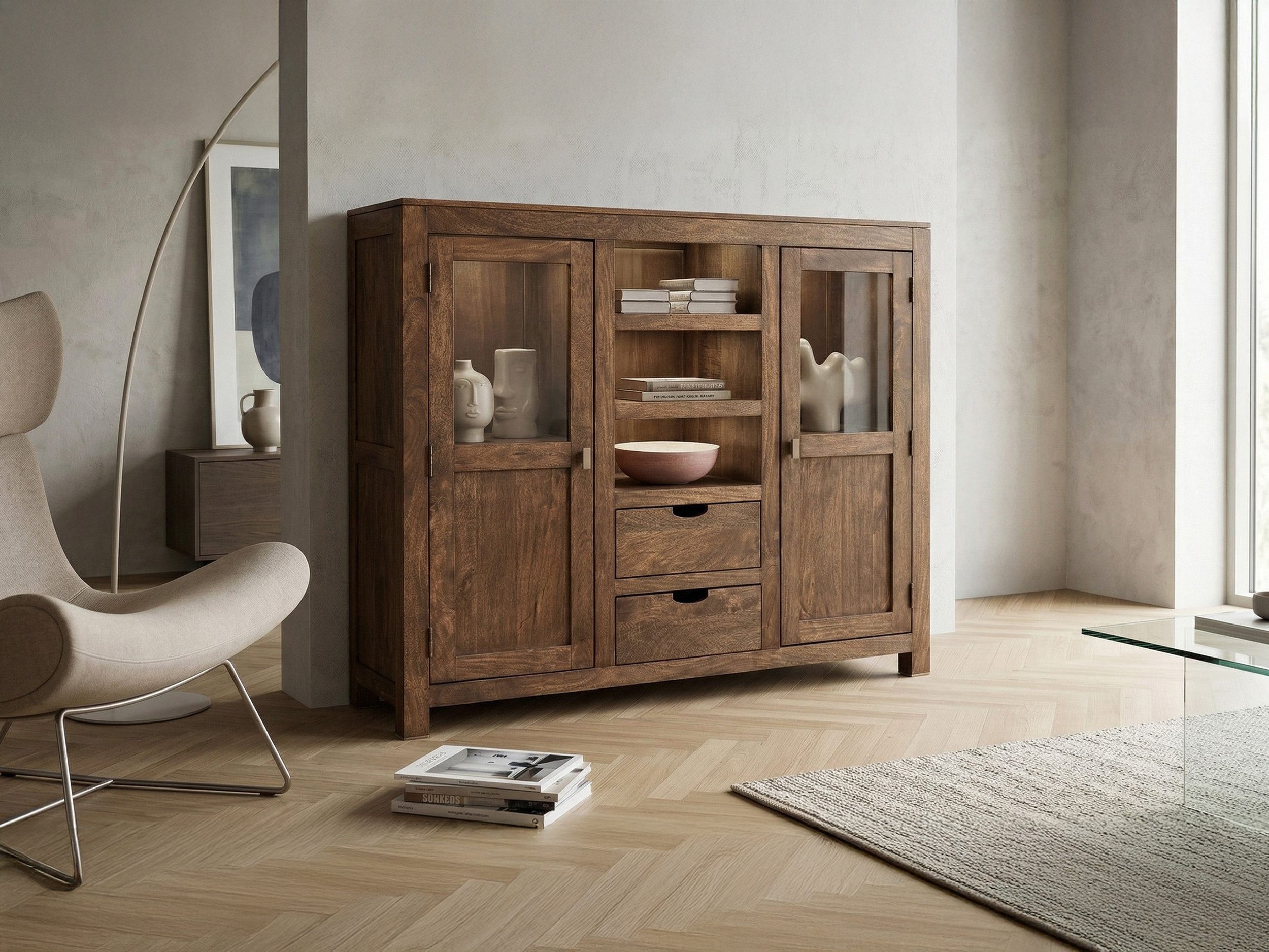 Massivart® Highboard 140 cm Breite Massivholz Mangoholz dunkel gebeizt »MANGALA«, montiert · 2 Einlegeböden · 2 Türen · 2 Schubladen