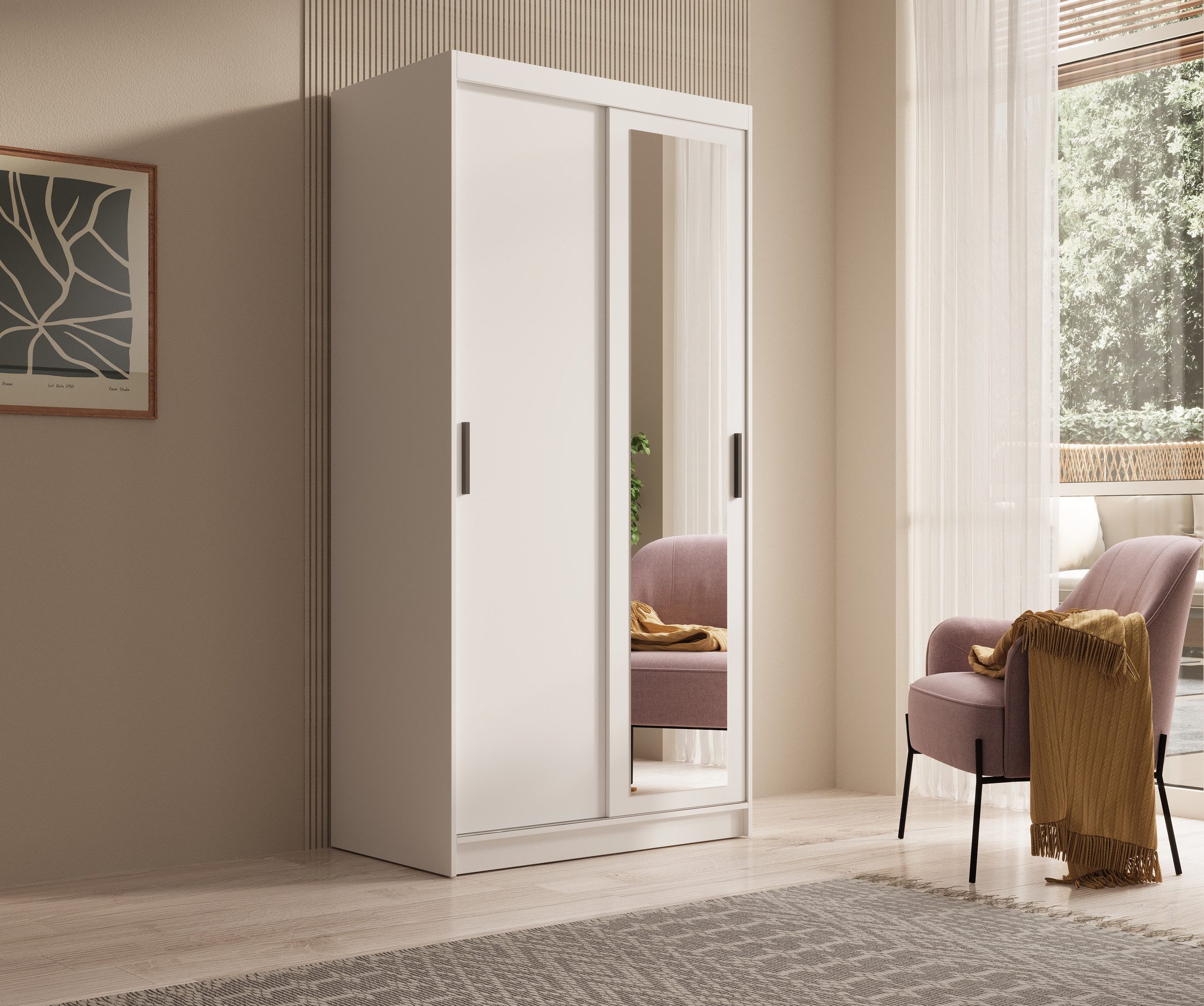 MOEBLO Schiebetürenschrank Leima (mit Spiegel – Moderner Kleiderschrank mit viel Stauraum, Schiebetüren & Einlegeböden, Schwebetürenschrank Schrank Garderobe Schiebtüren Schlafzimmer, Wohnzimmerschrank mit Spiegel) (BxHxT): 100/120/160/180 x 200 x 62 cm