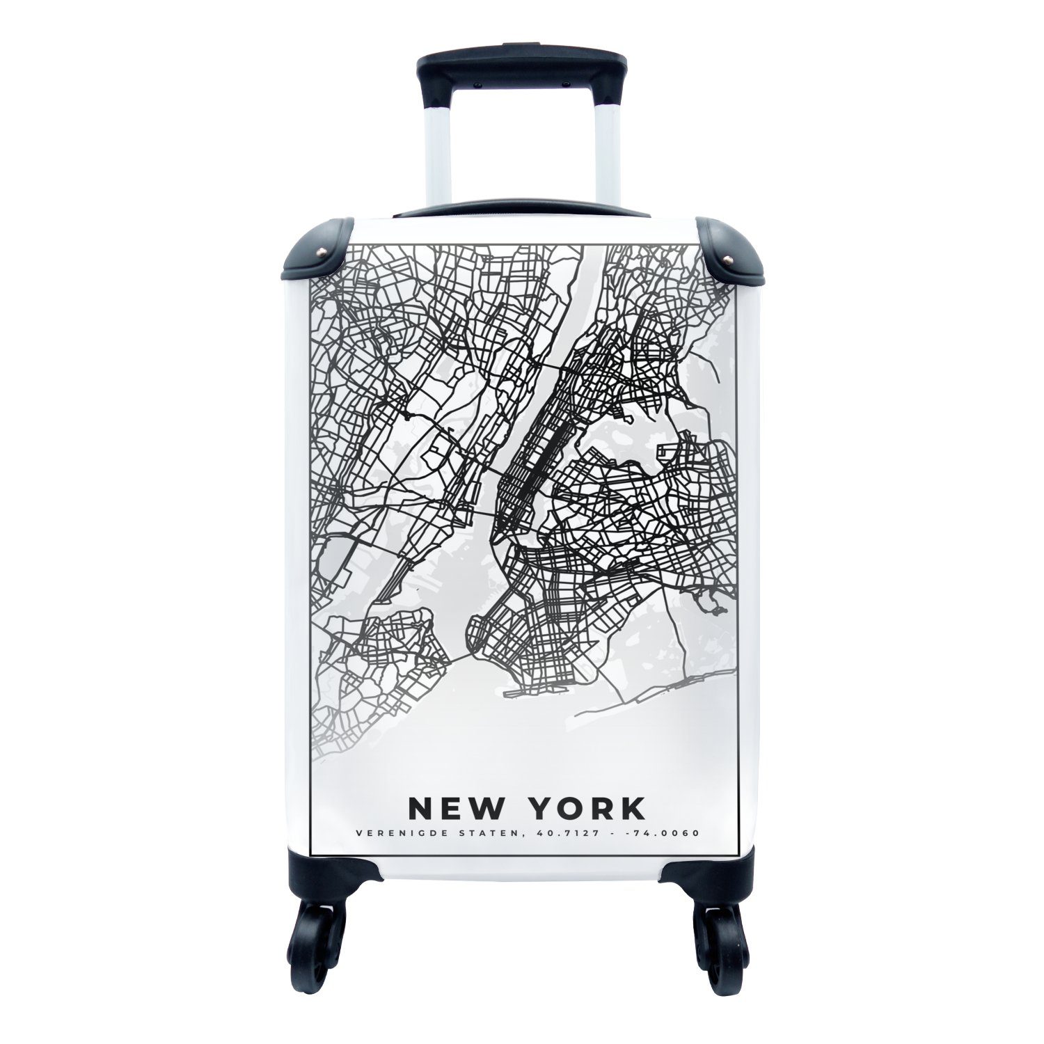 MuchoWow Handgepäckkoffer New York - Stadtplan - Schwarz und weiß - Karte, 4 Rollen, Reisetasche mit rollen, Handgepäck für Ferien, Trolley, Reisekoffer