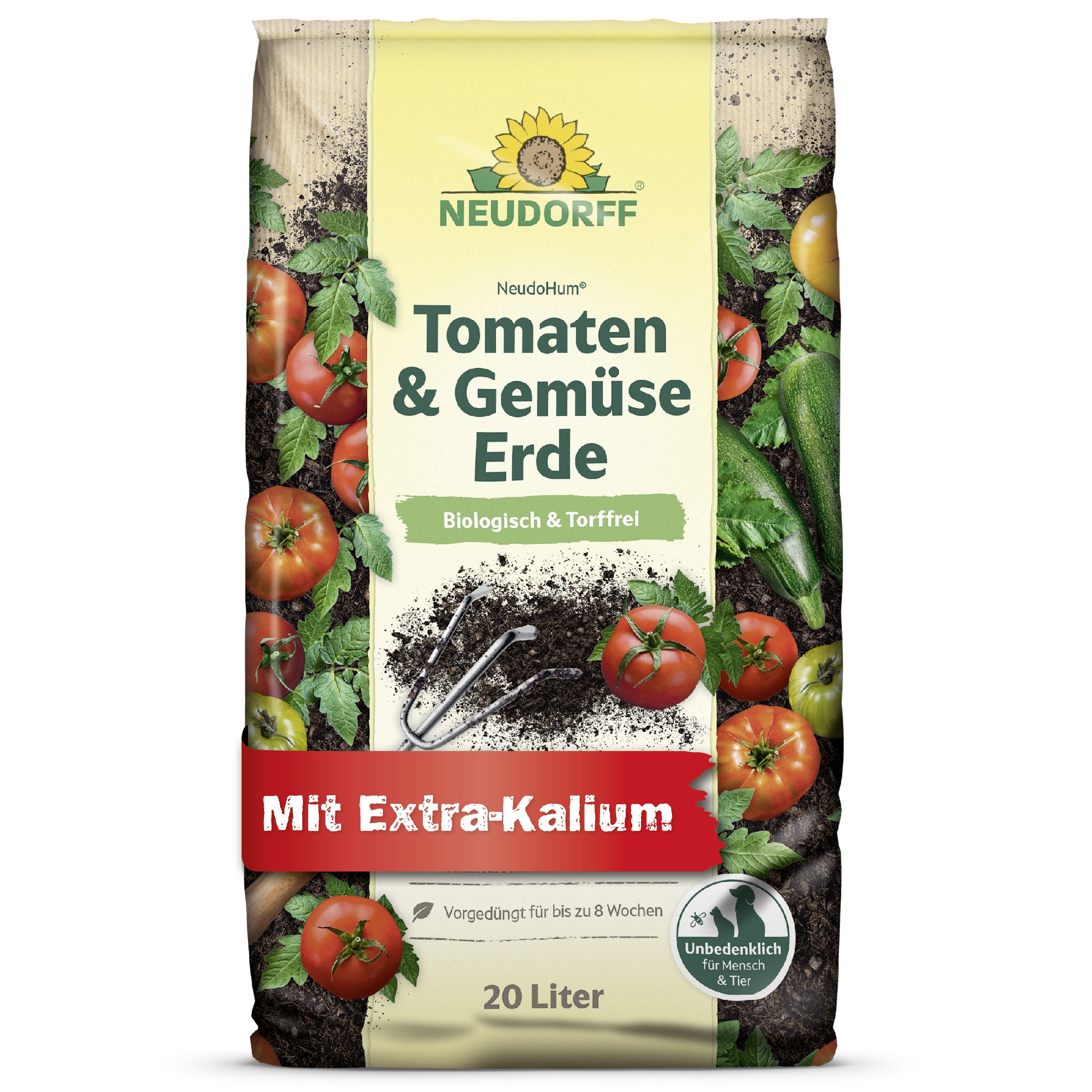 Neudorff Blumenerde NeudoHum Tomaten- & GemüseErde 20 L, mit organische Grunddüngung, (Einzelartikel, Mit Extra-Kalium für mehr Aroma und hohe Strukturstabilität), Biologisch, torffrei, mit Extra-Kalium und Ton