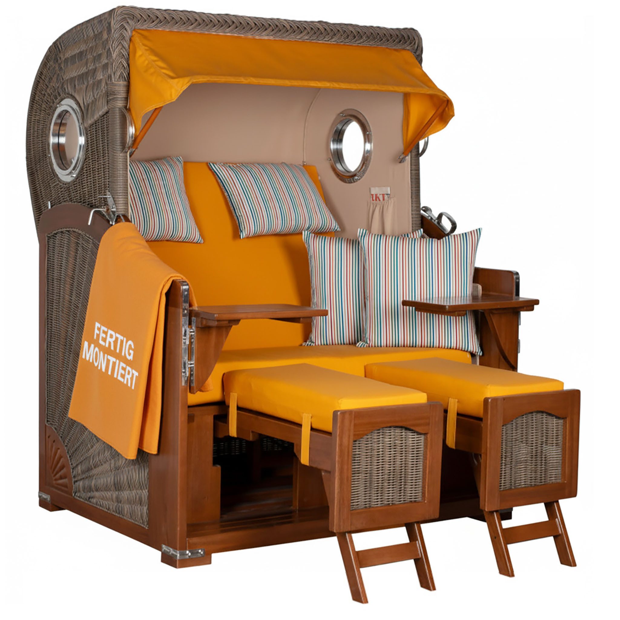 MR.DEKO Strandkorb 2-Sitzer Düne Bullauge Vollholz PE-Geflecht grau 125x170x80, BxTxH: 125x80x170 cm, 2-Sitzer Strandkorb, Strandkorb Düne Bullauge, (Fertig montierter Strandkorb für Garten, Terrasse & Balkon), Wetterfester Volllieger mit Edelstahlbeschlägen & waschbaren Polstern