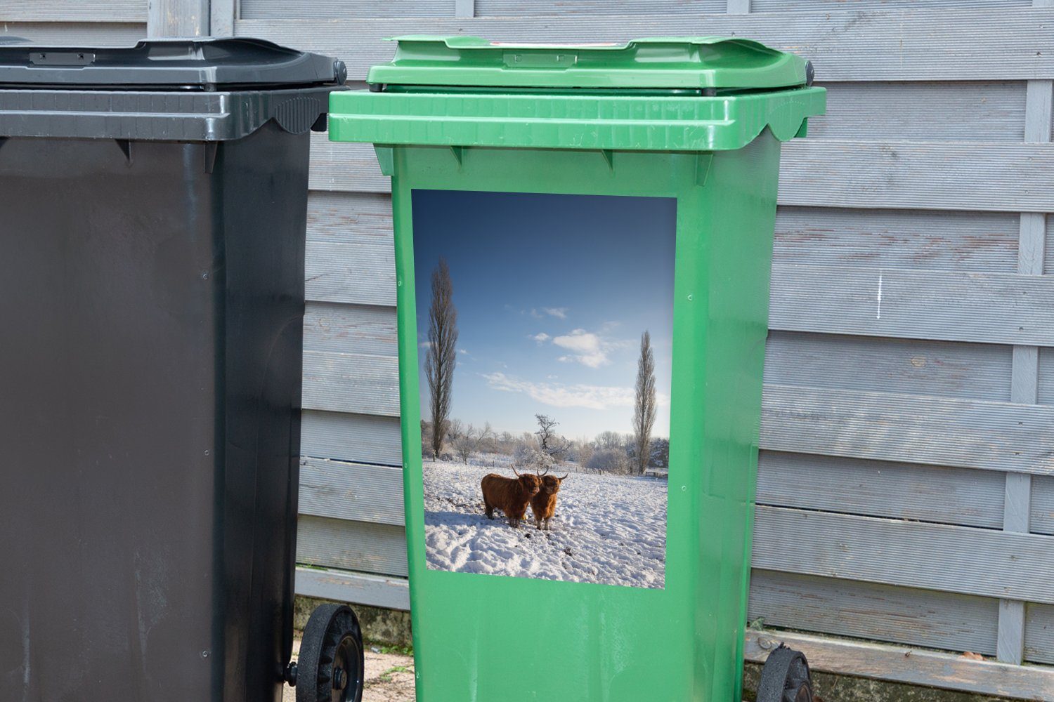 Schnee MuchoWow Mülleimer-aufkleber, Sticker, Schottischer Abfalbehälter (1 Highlander Licht Mülltonne, - St), - Container, Wandsticker