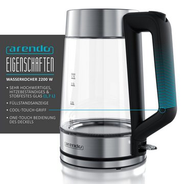 Arendo Wasserkocher, 1,7 l, 2200 W, Glas & Edelstahl, LED Innenbeleuchtung, Füllstandsanzeige, Kalkfilter