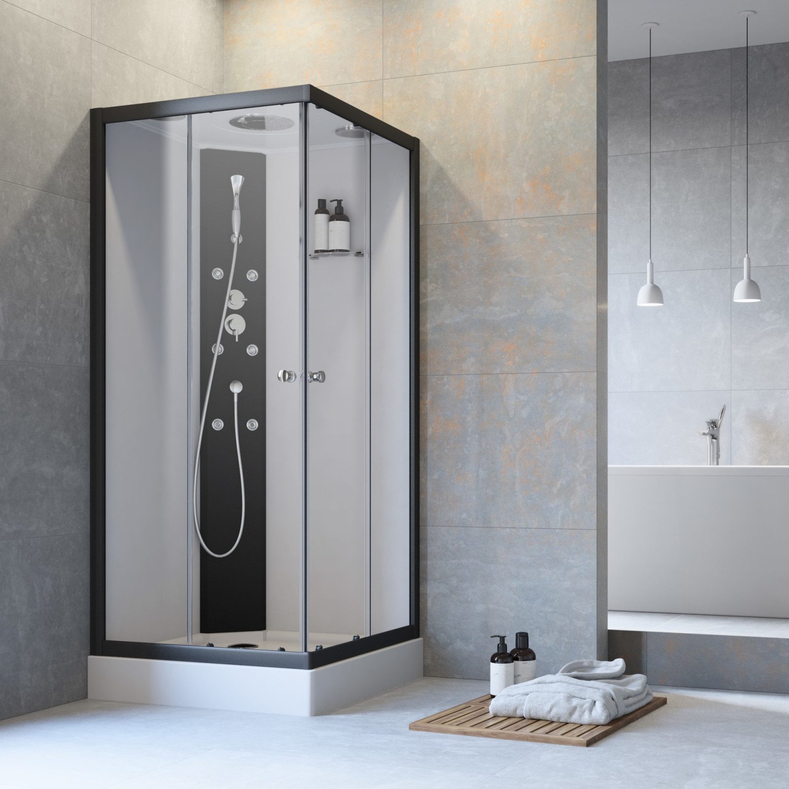 Dusche-24 Komplettdusche Komplettdusche 90x90 cm mit Eckeinstieg, BxT: 90x90 cm, Einscheibensicherheitsglas, inkl. Regenwalddusche und Massagedüsen