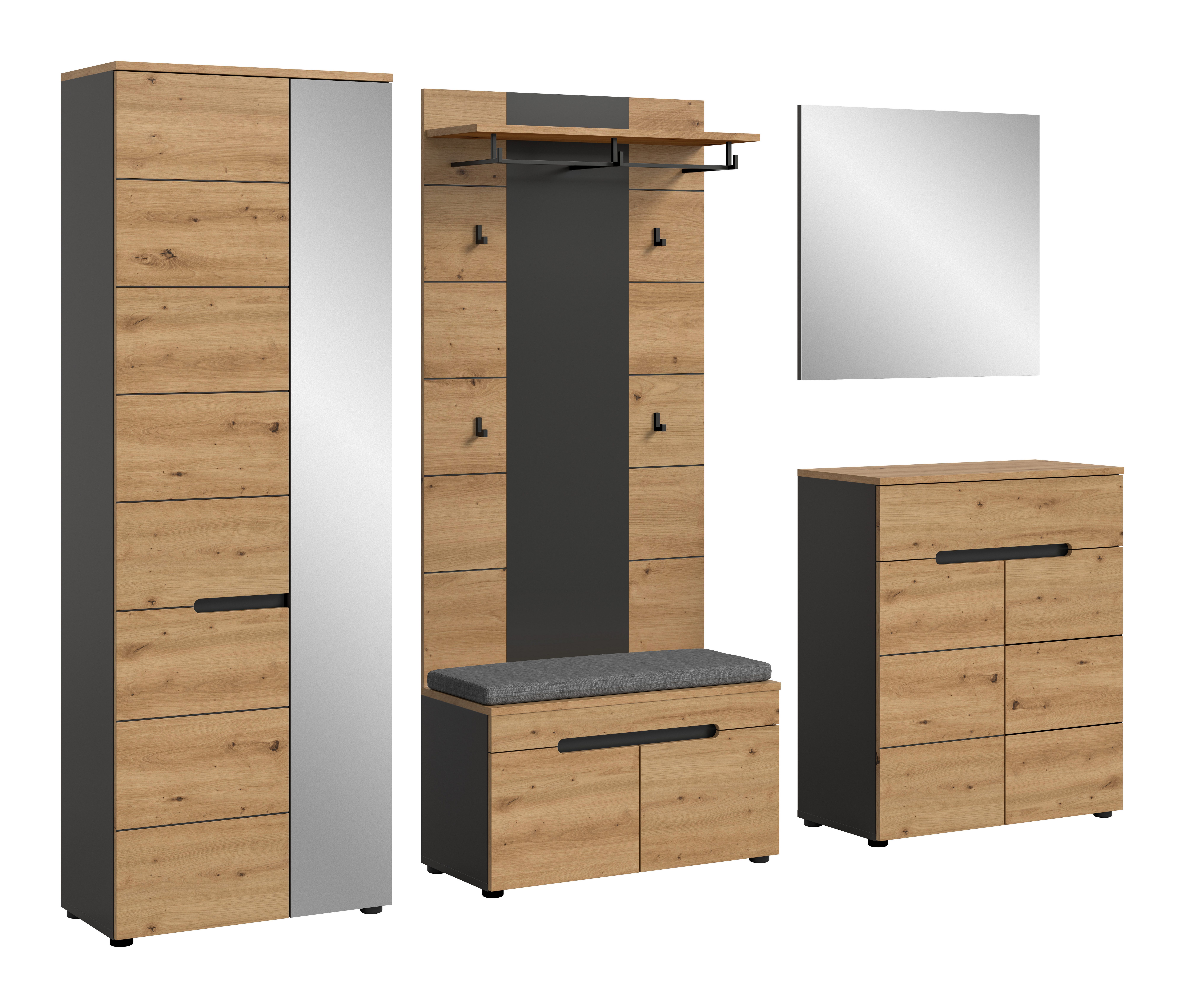 furnling Garderoben-Set Cano, (6-St., Paneel, Schrank, Schuhkommode, Sitzbank (inkl. Sitzkissen), Spiegel), Flurmöbel, Garderobenmöbel, Höhe 190 cm, Basalt grau/Artisan