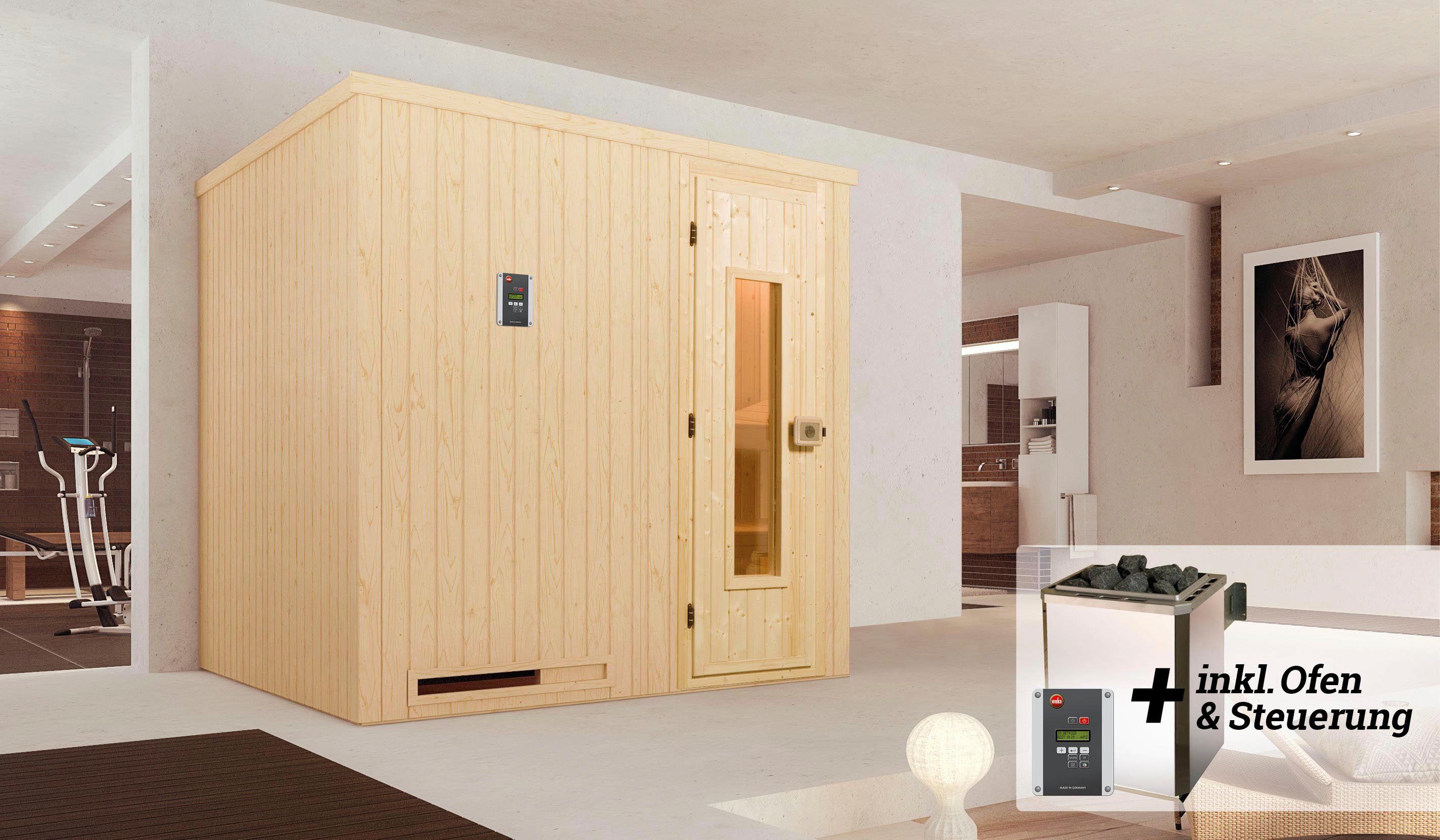 Thumbnail - weka Sauna Halmstad, BxTxH: 194 x 177 x 199 cm, 68 mm, (Set) 7,5 kW-Ofen mit digitaler Steuerung