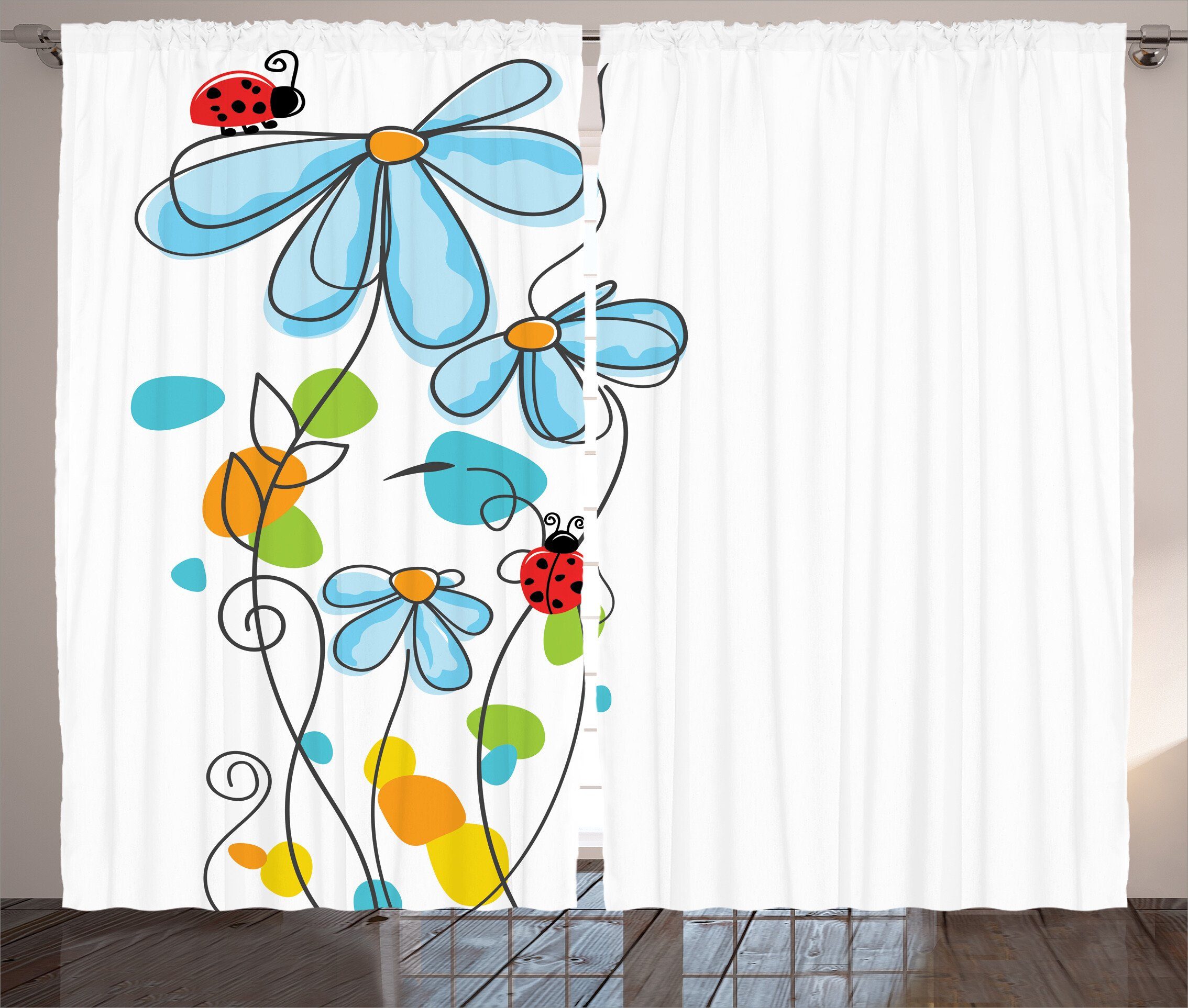 Gardine Schlafzimmer Kräuselband Vorhang mit Schlaufen und Haken, Abakuhaus, Kids Cartoon Marienkäfer Blumen